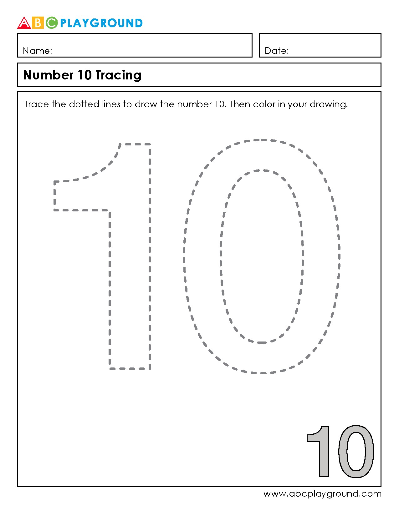Number 10 Tracing and Coloring Worksheet