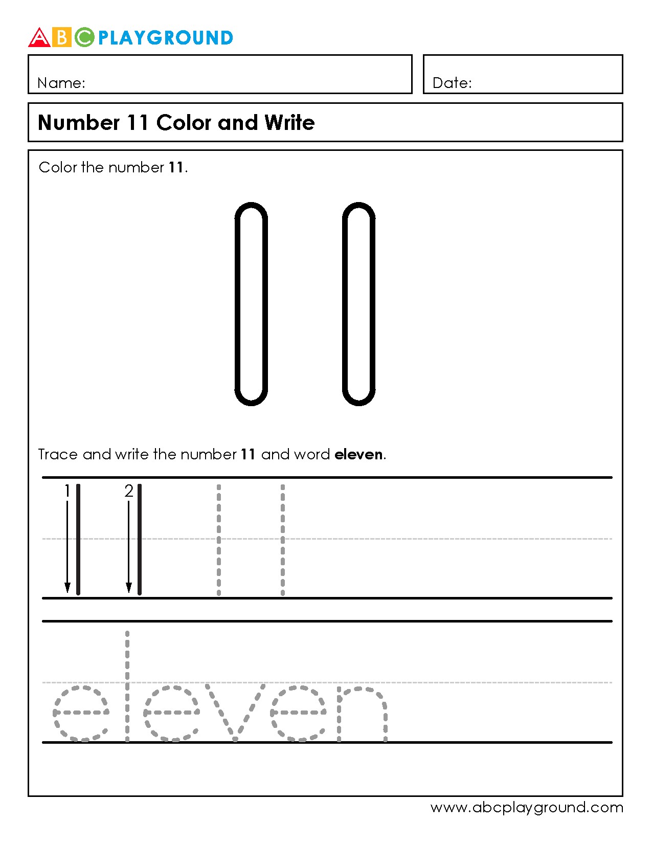Number 11 Tracing and Coloring Activity