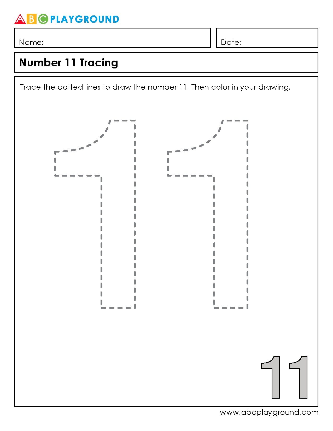 Number 11 Tracing Worksheet for Early Learners