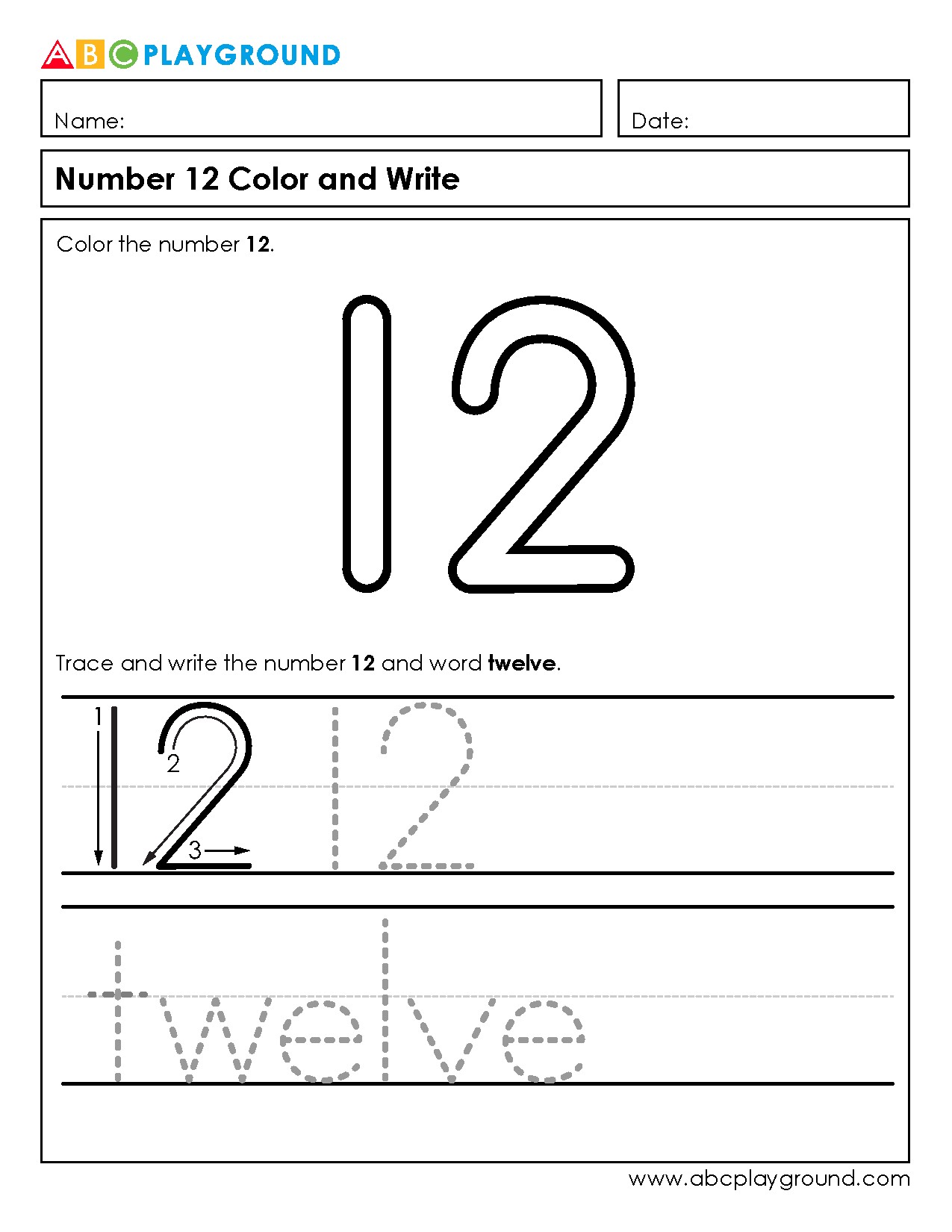 Number 12 Tracing and Coloring Worksheet