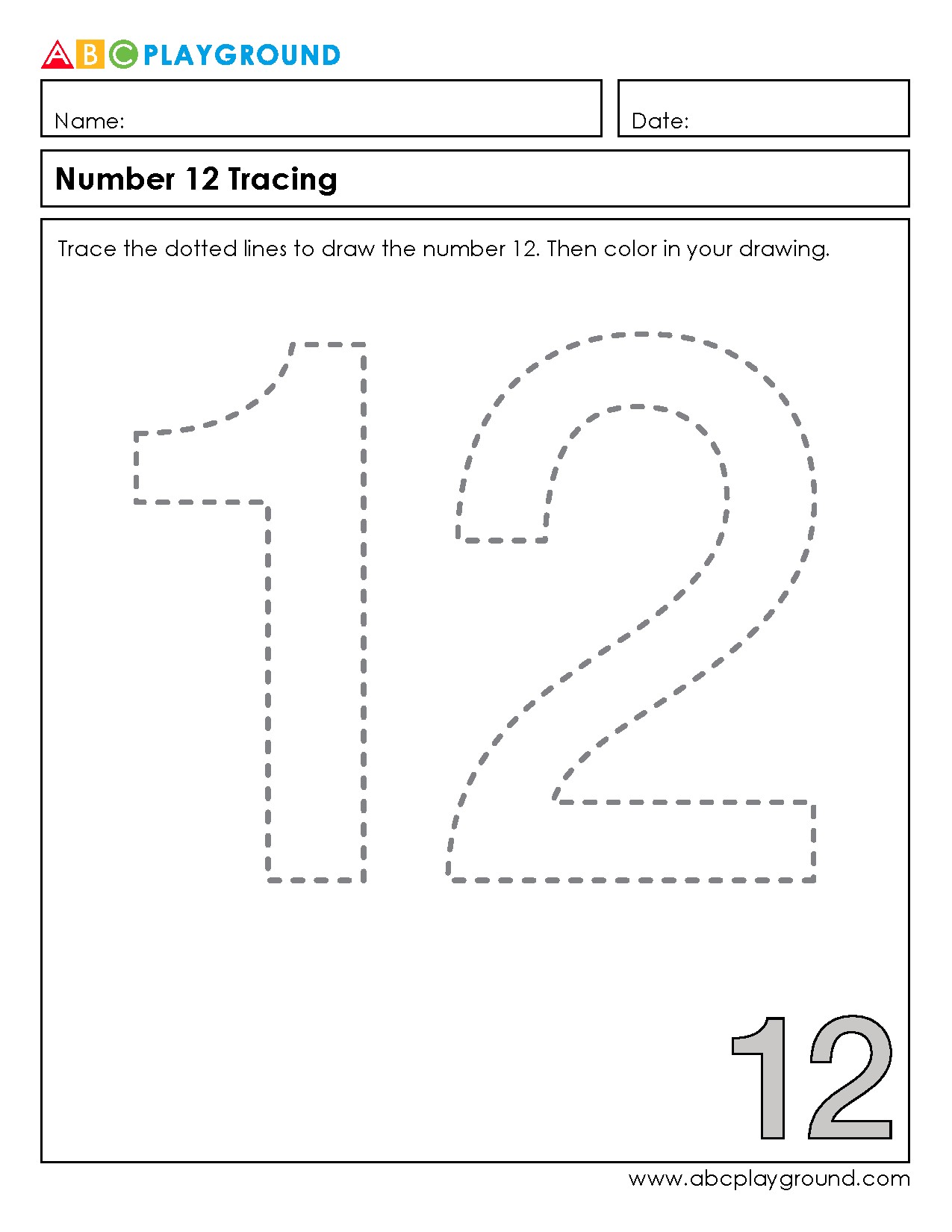 Number 12 Tracing and Coloring Worksheet