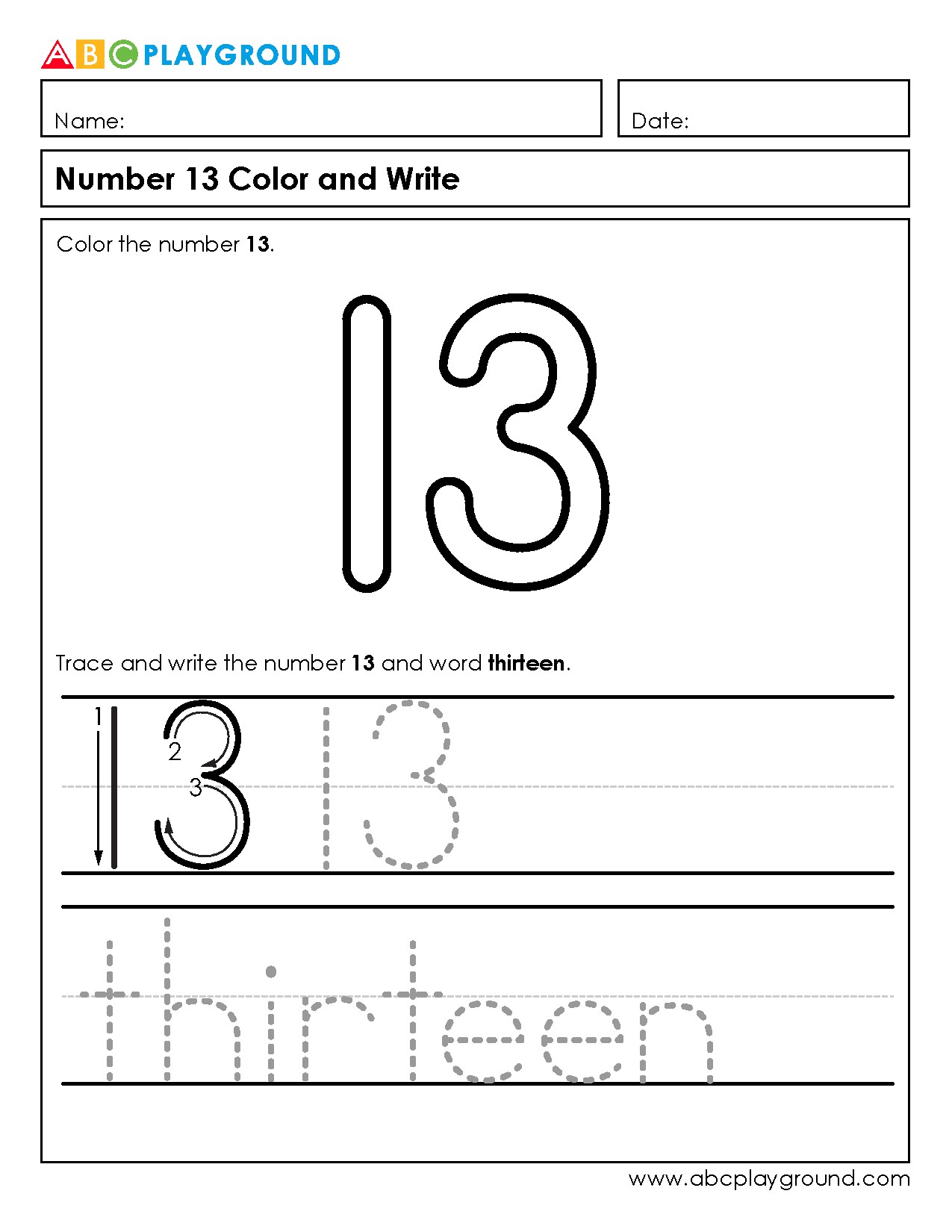 Number 13 Coloring and Writing Practice Worksheet