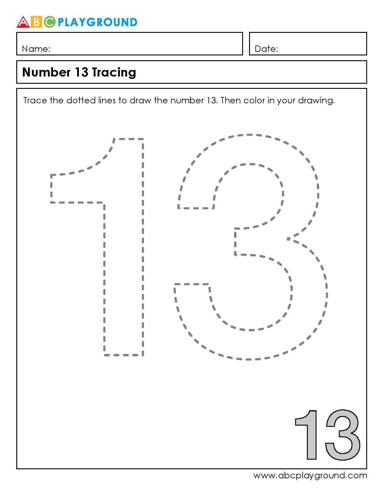 Number 13 Tracing and Coloring Worksheet