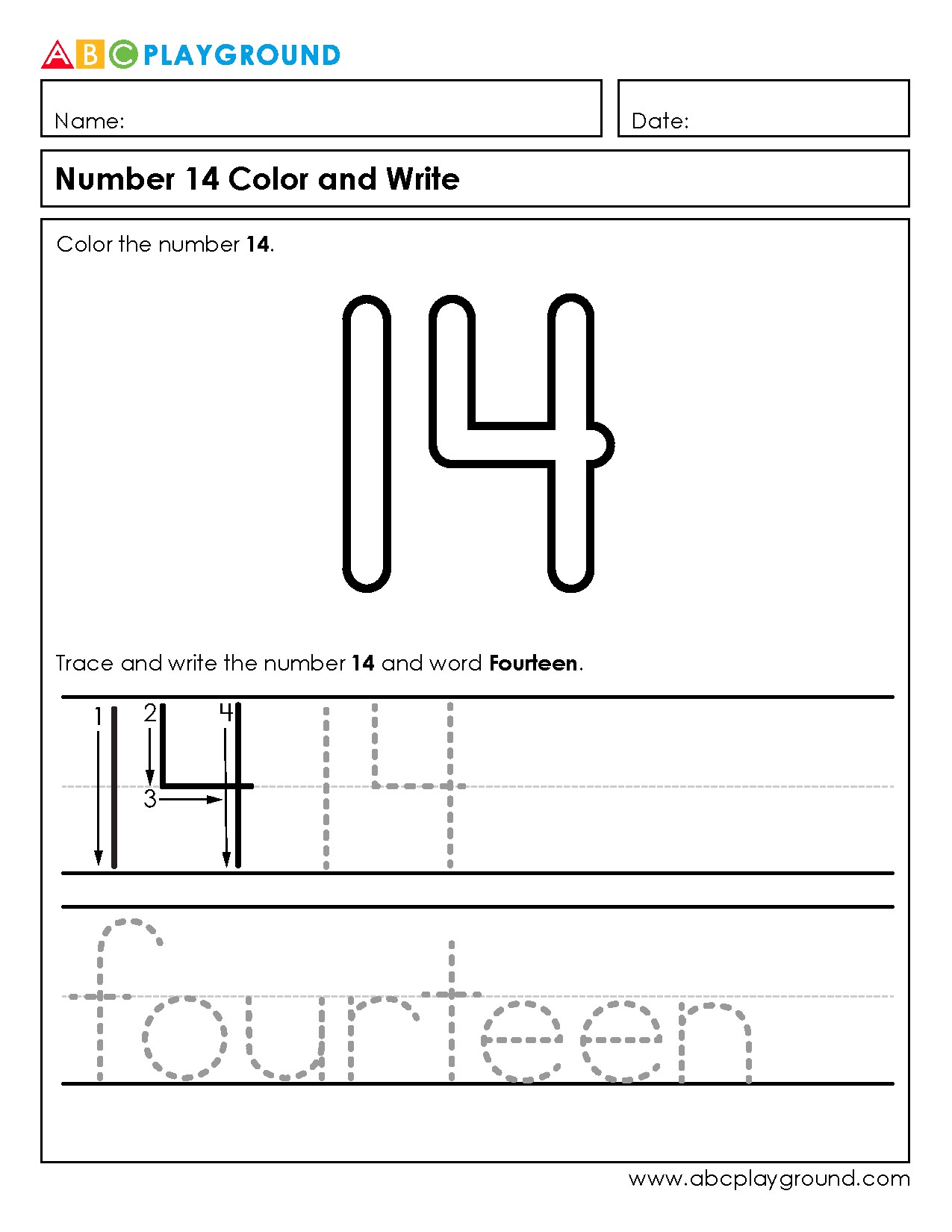 Number 14 Coloring and Writing Practice Worksheet