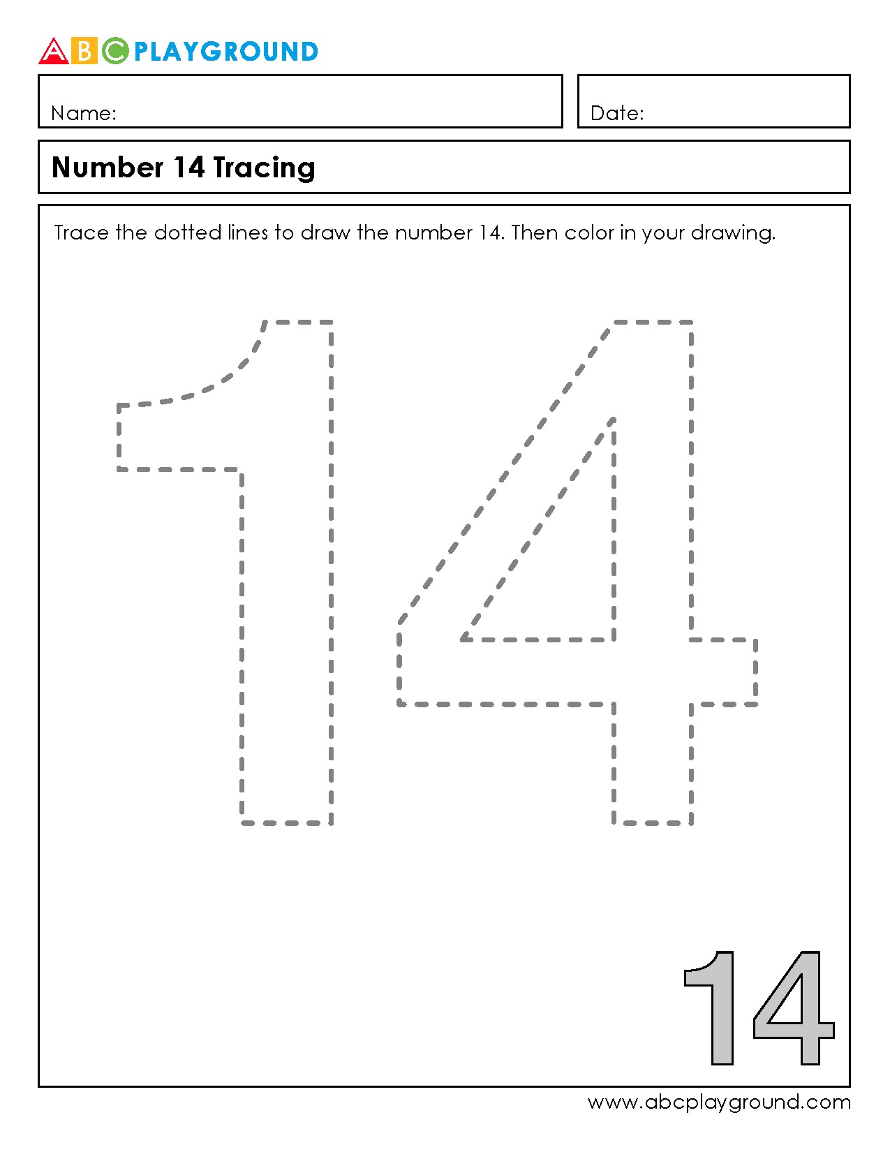 Number 14 Tracing Worksheet for Early Math Practice