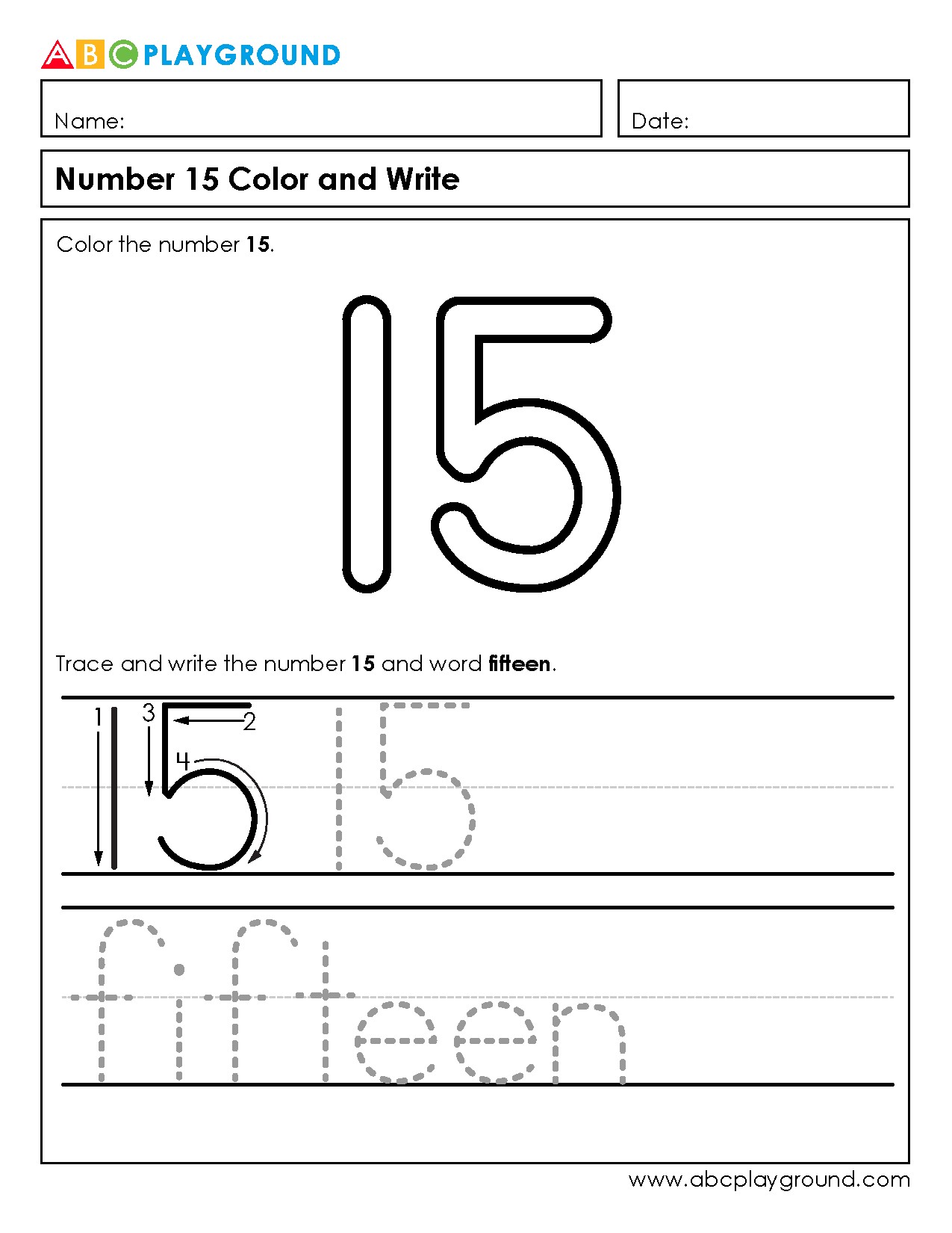Number 15 Tracing and Coloring Activity Worksheet