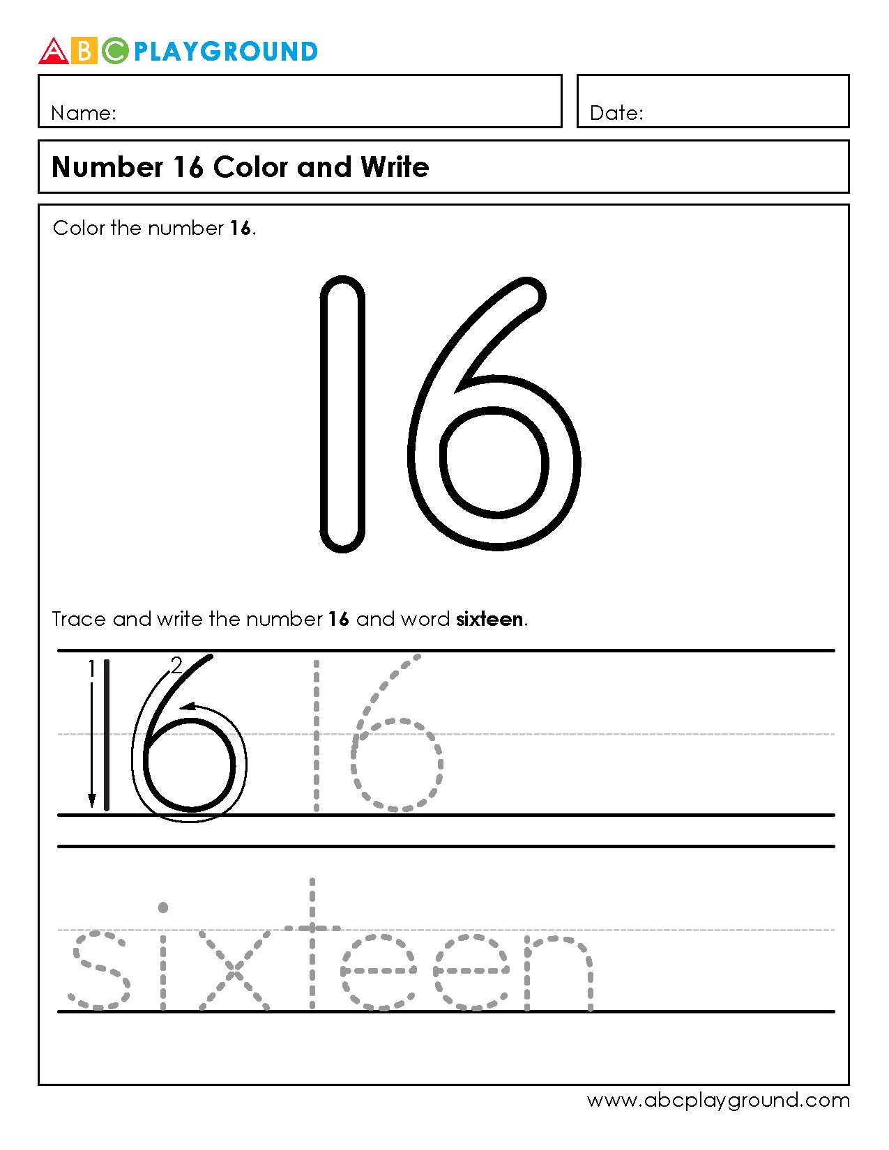Number 16 Tracing and Coloring Worksheet