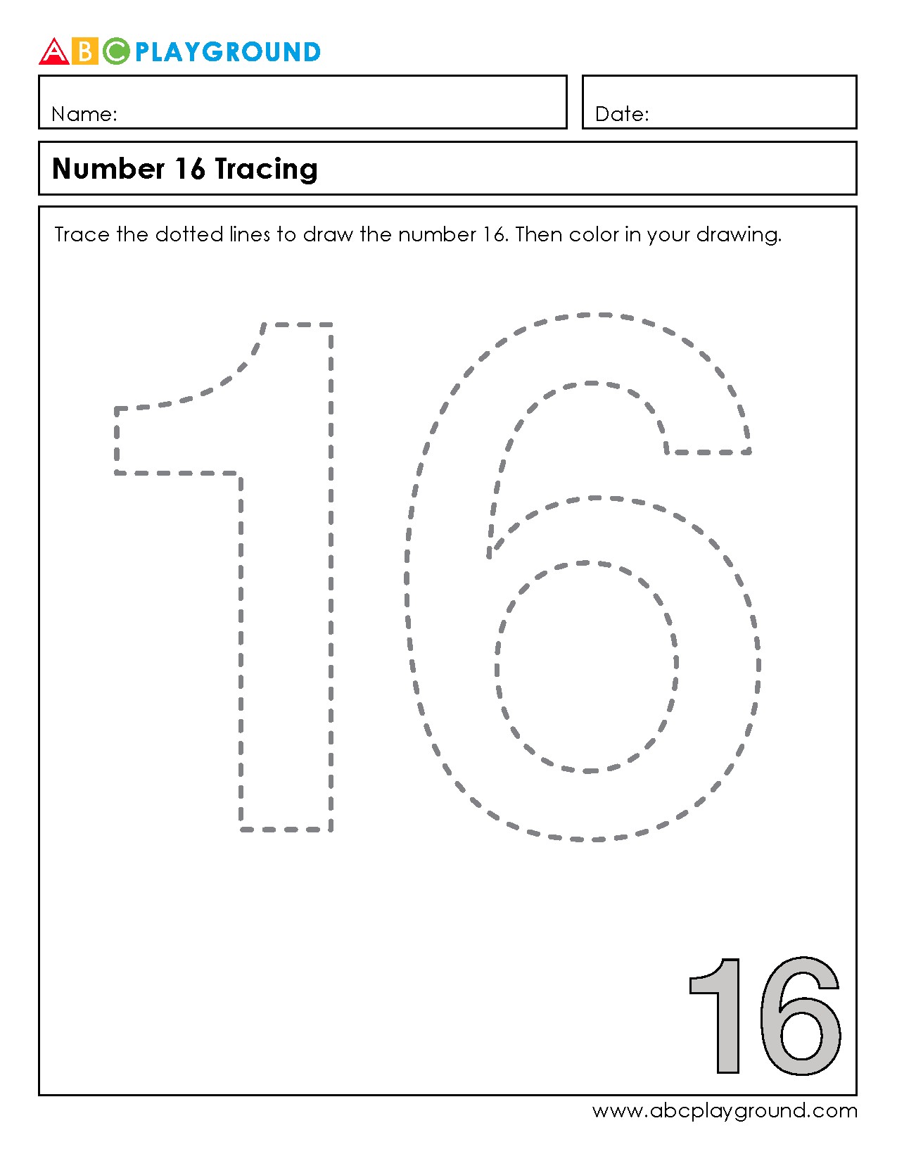 Number 16 Tracing and Coloring Worksheet