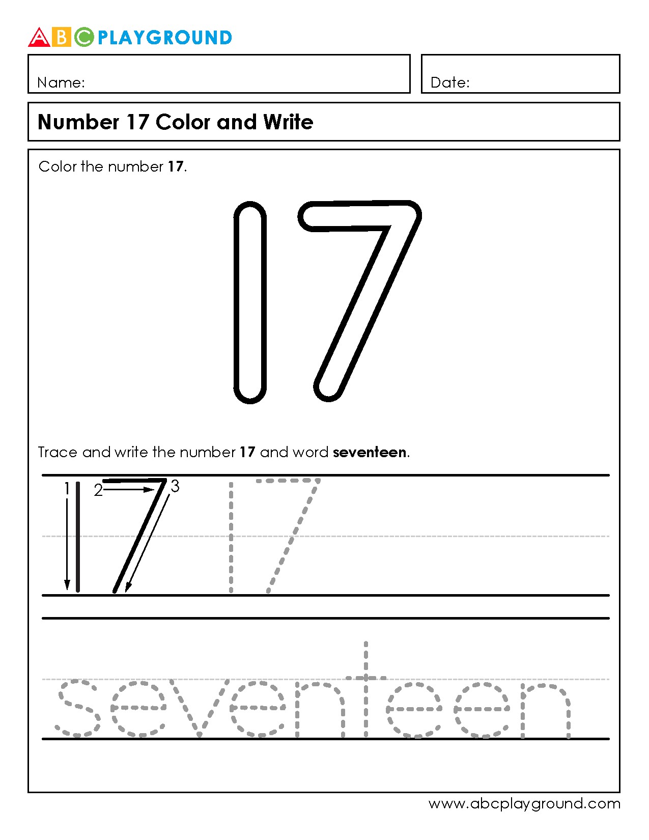 Number 17 Coloring and Writing Practice Worksheet