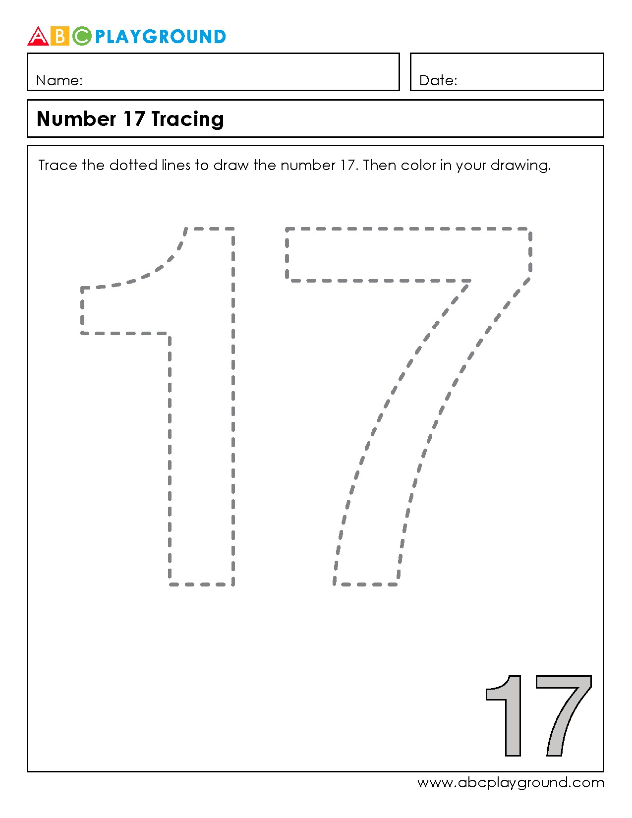 Number 17 Tracing and Coloring Worksheet