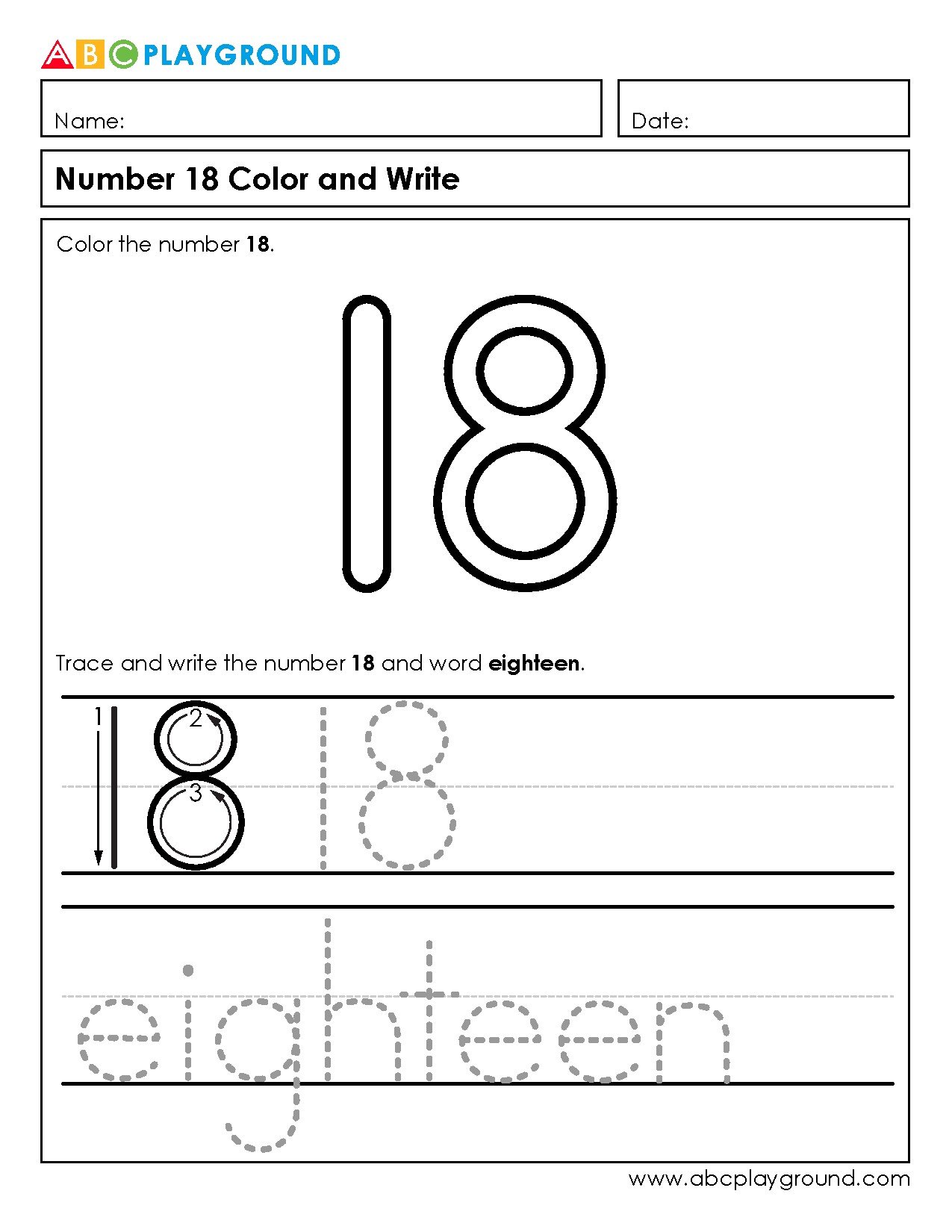 Number 18 Coloring and Writing Worksheet