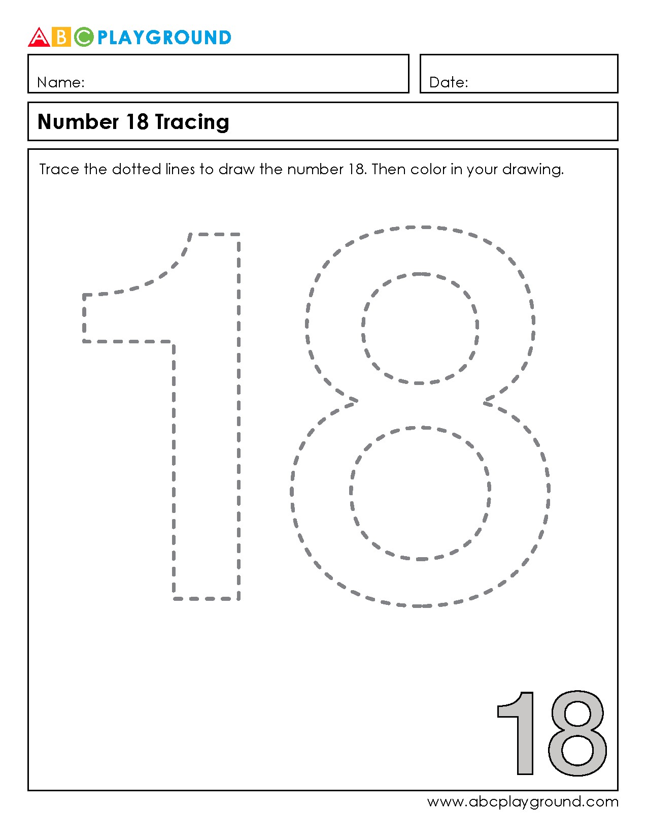 Number 18 Tracing and Coloring Worksheet