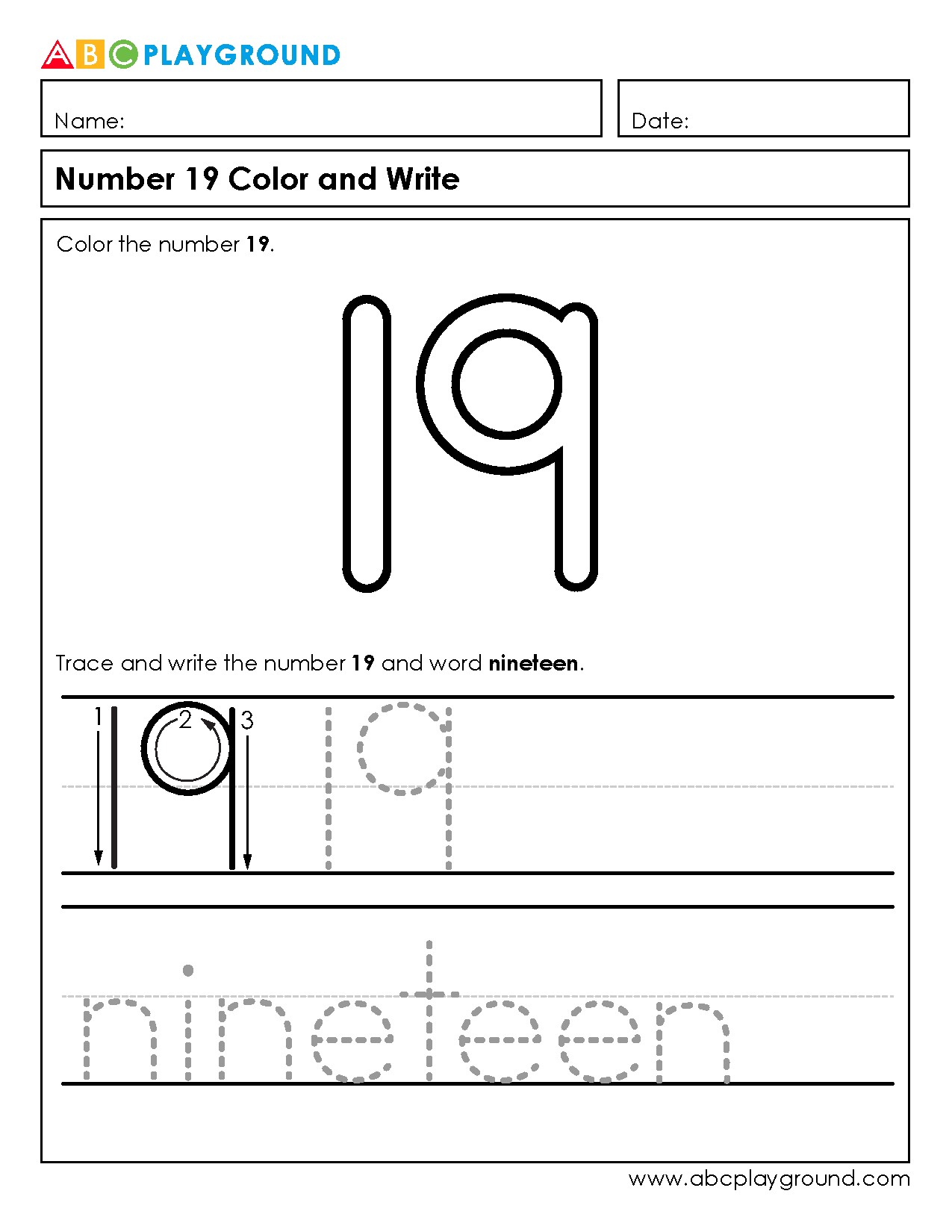 Number 19 Coloring and Writing Practice Worksheet