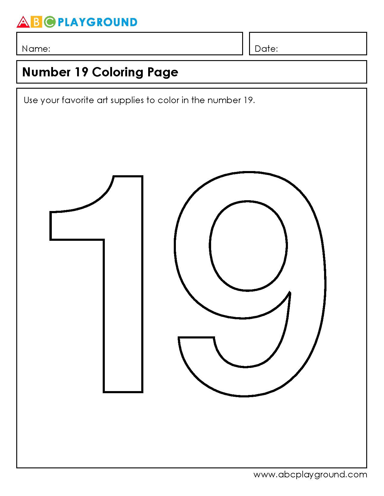 Number 19 Coloring Page for Early Number Recognition