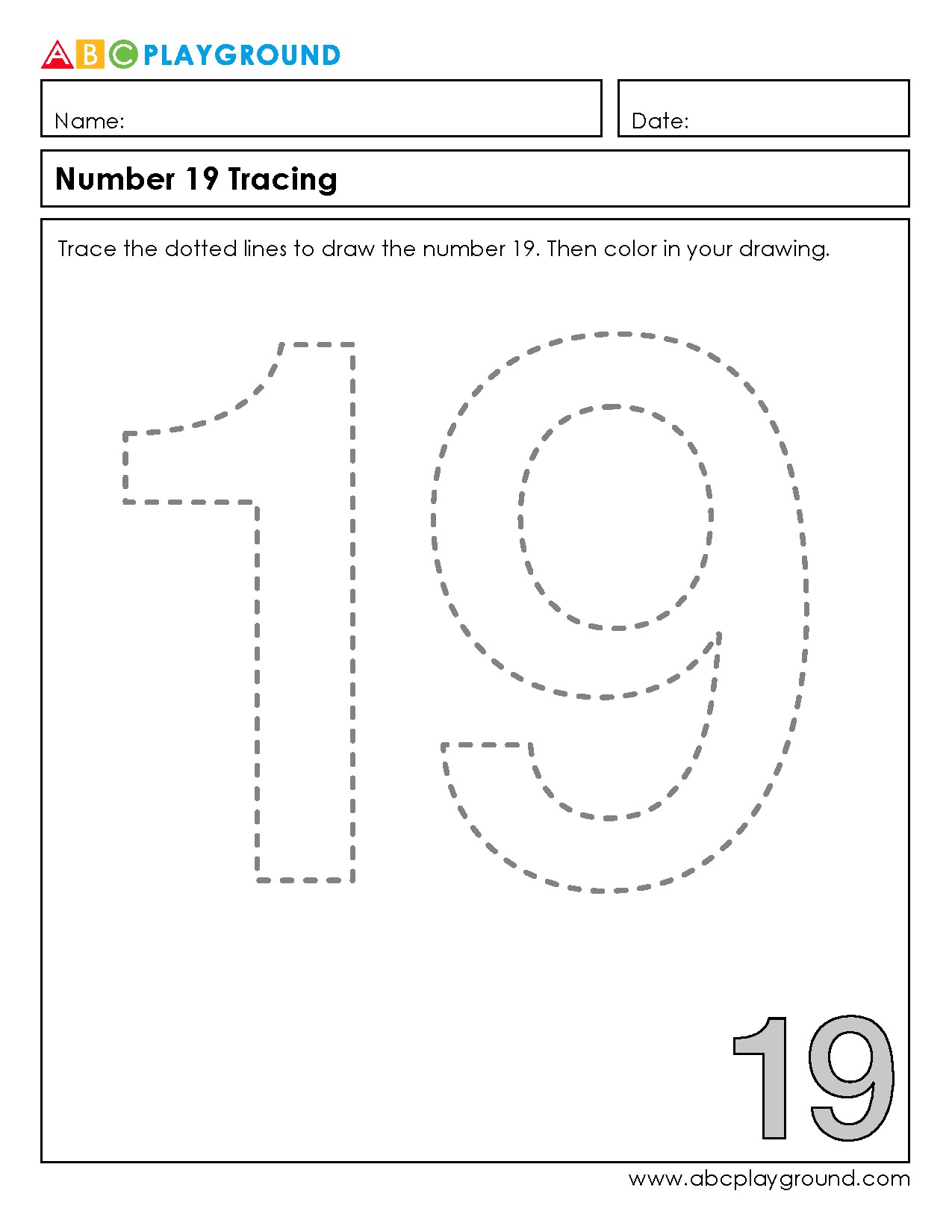 Number 19 Tracing and Coloring Worksheet