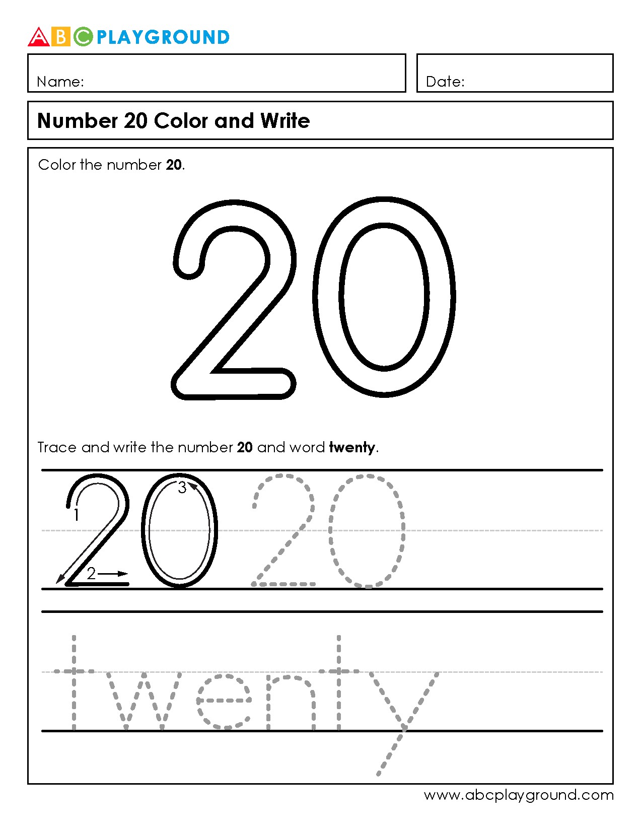 Number 20 Coloring and Writing Practice Worksheet