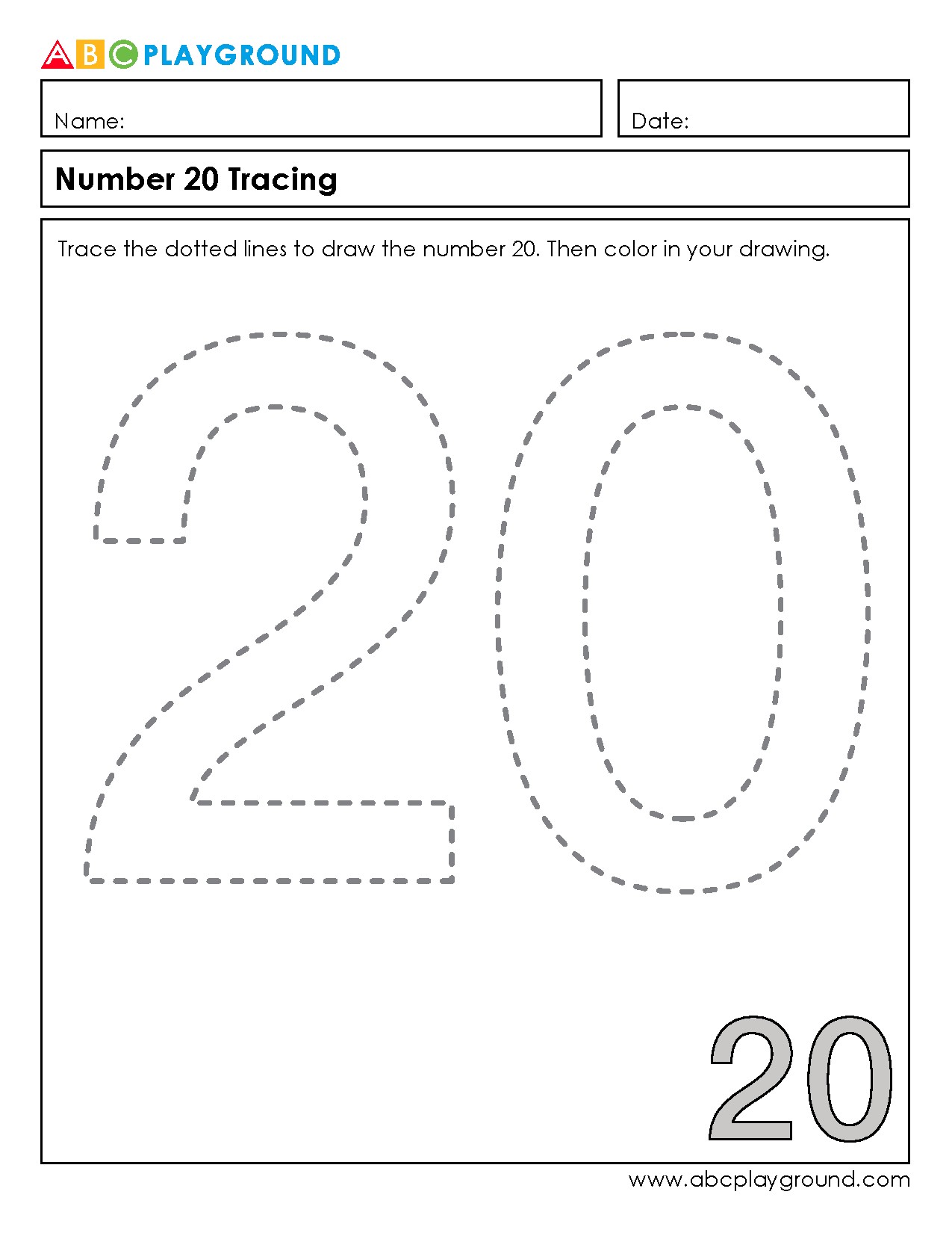 Number 20 Tracing and Coloring Worksheet