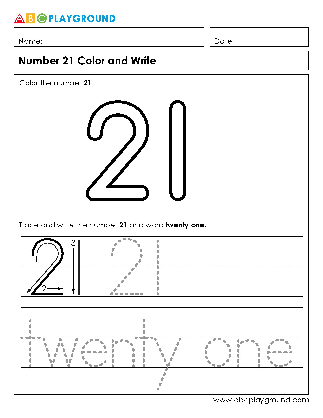 Number 21 Writing and Coloring Practice