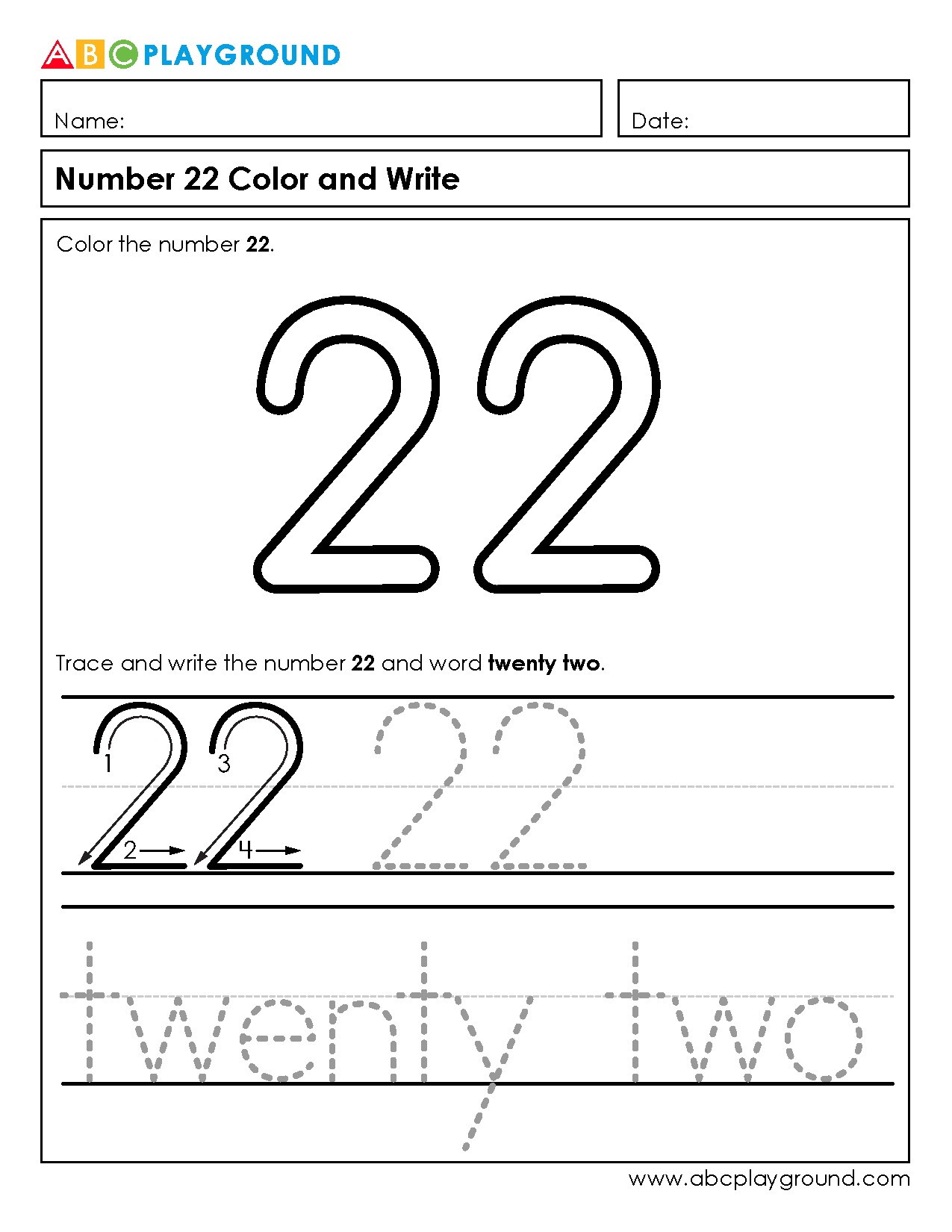 Color and Trace the Number Twenty-Two Worksheet