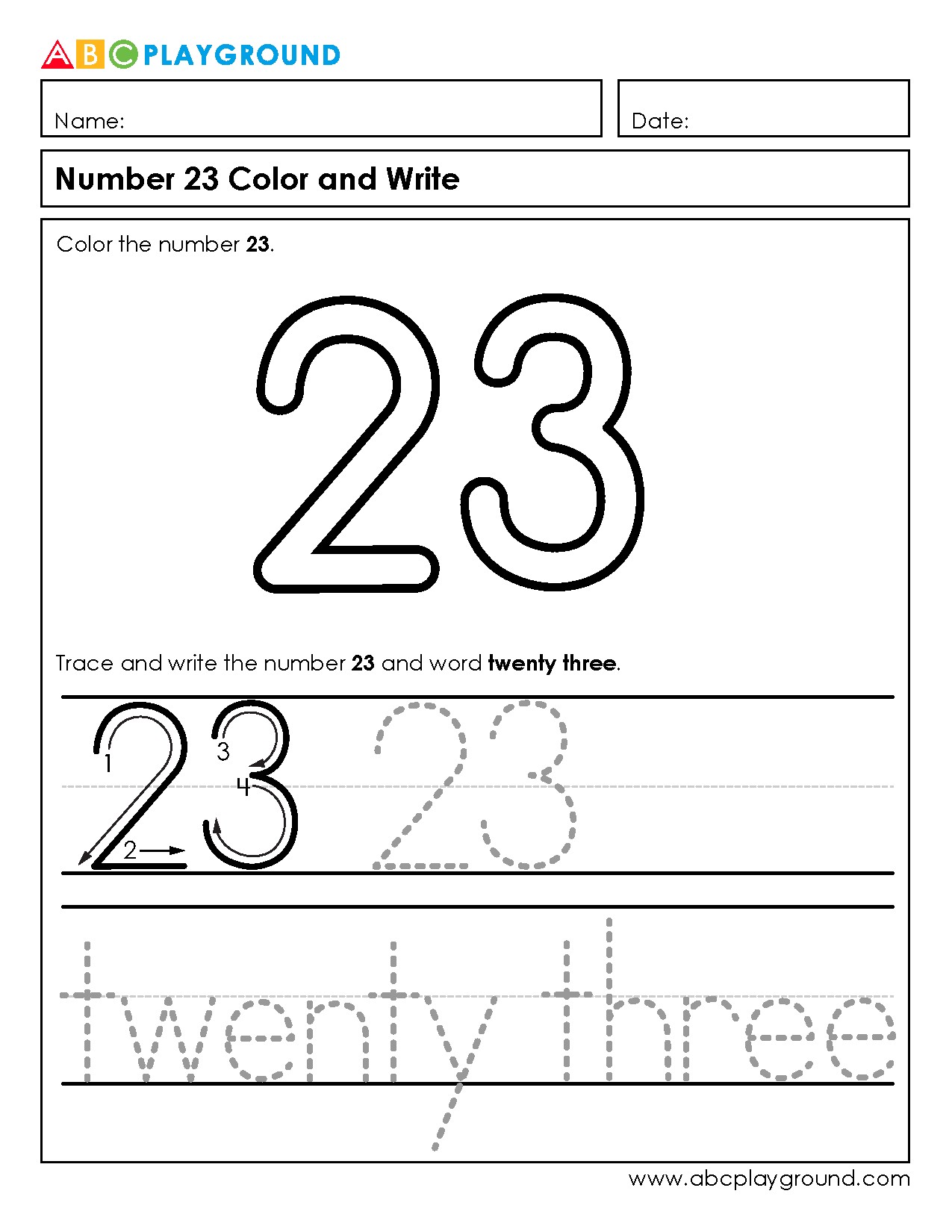 Number 23 Coloring and Writing Practice Worksheet
