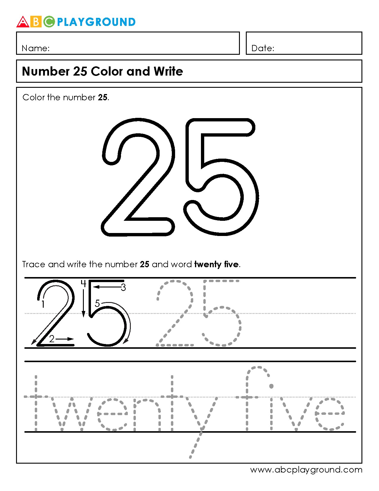 Number 25 Coloring and Writing Practice Worksheet