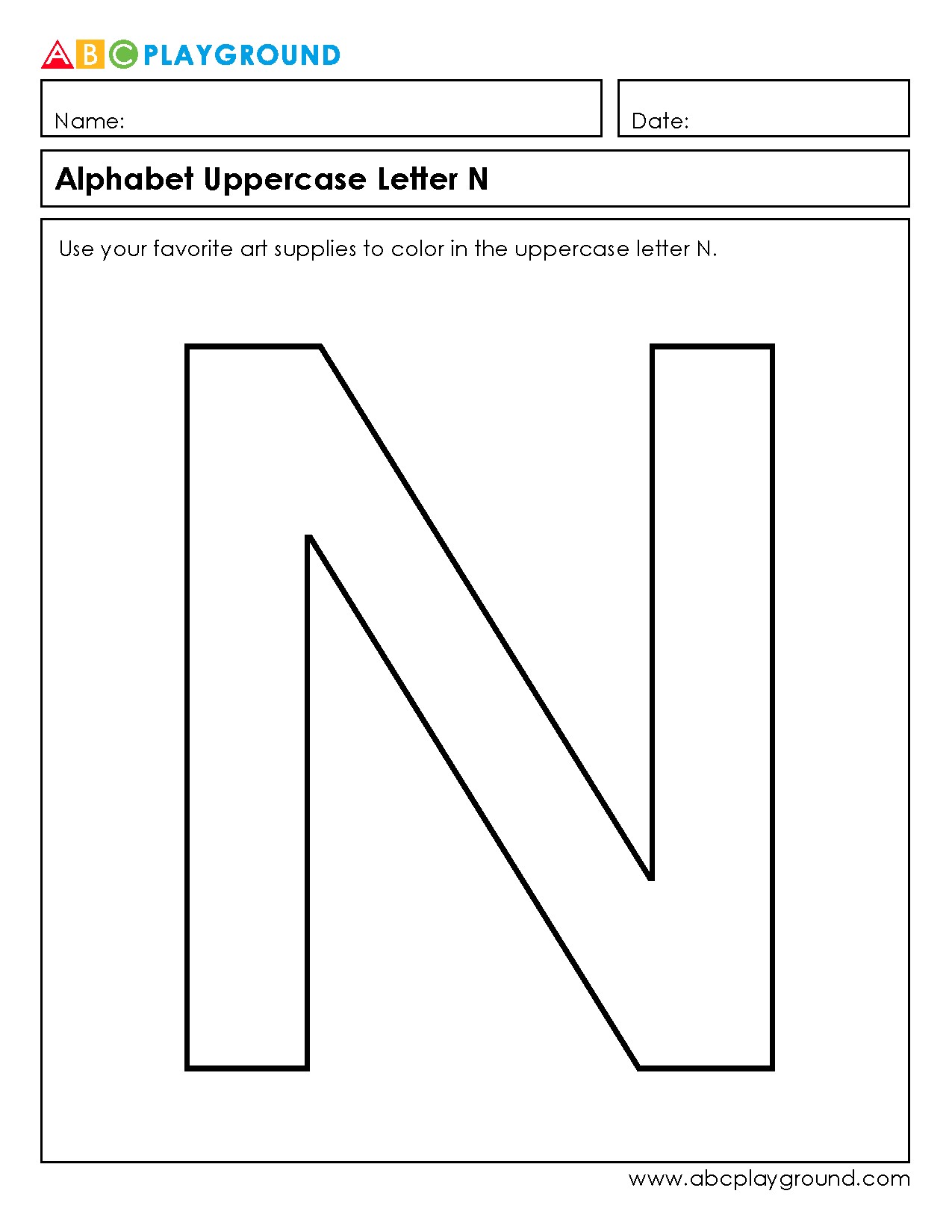 Coloring Worksheet for Uppercase Letter N Practice