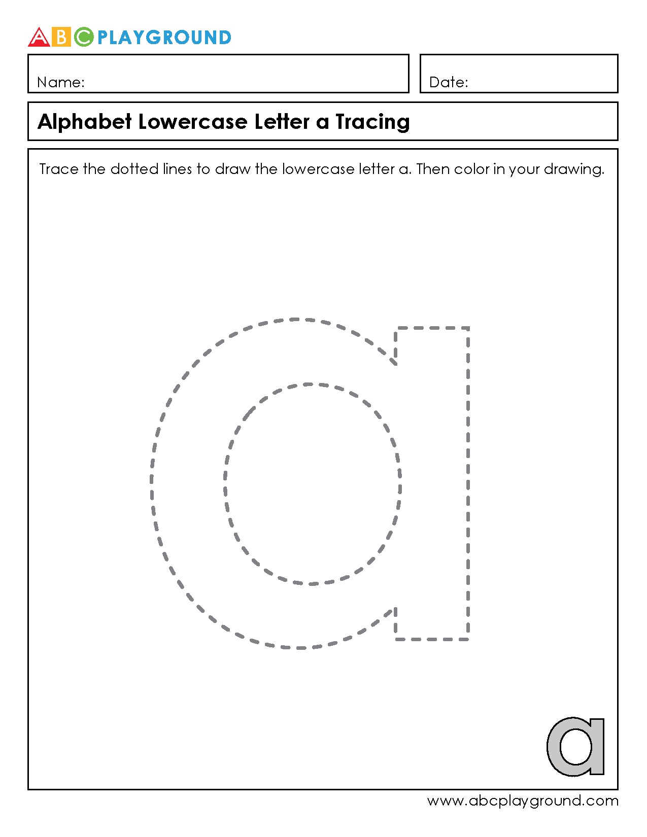 Alphabet Lowercase Letter a Tracing Worksheet