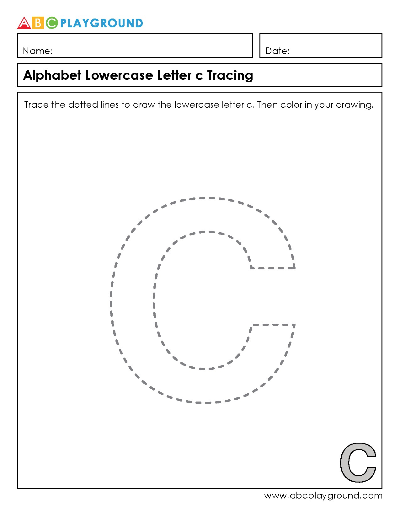 Lowercase Letter c Tracing and Coloring Worksheet