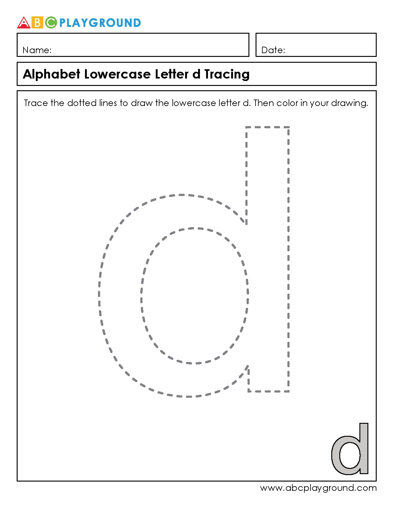Lowercase Letter d Tracing and Coloring Worksheet