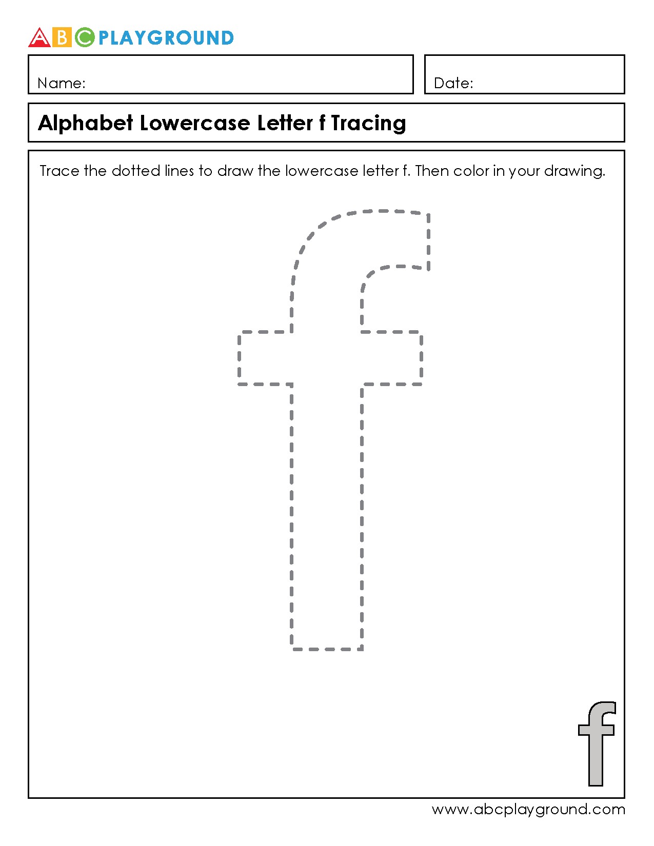 Lowercase Letter F Tracing and Coloring Worksheet