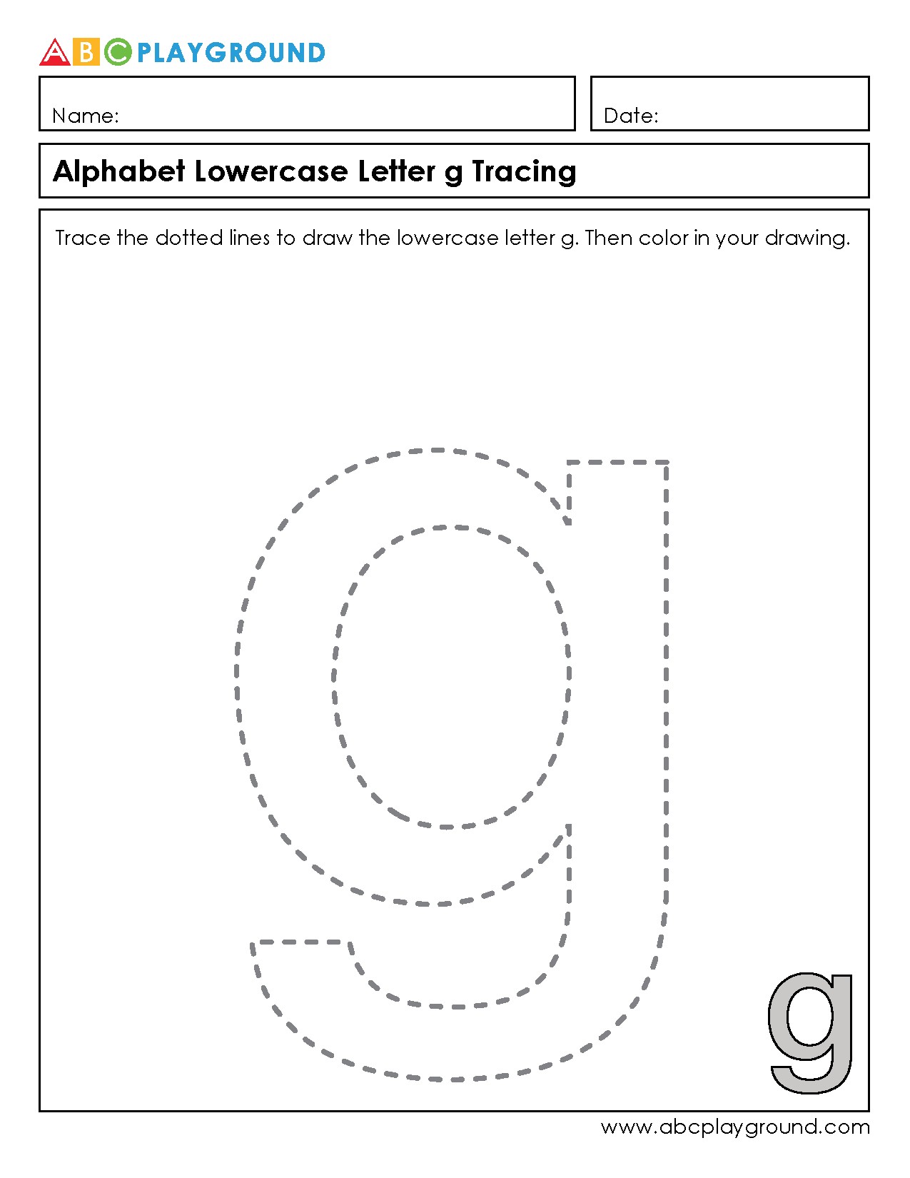 Lowercase Letter g Tracing and Coloring Worksheet