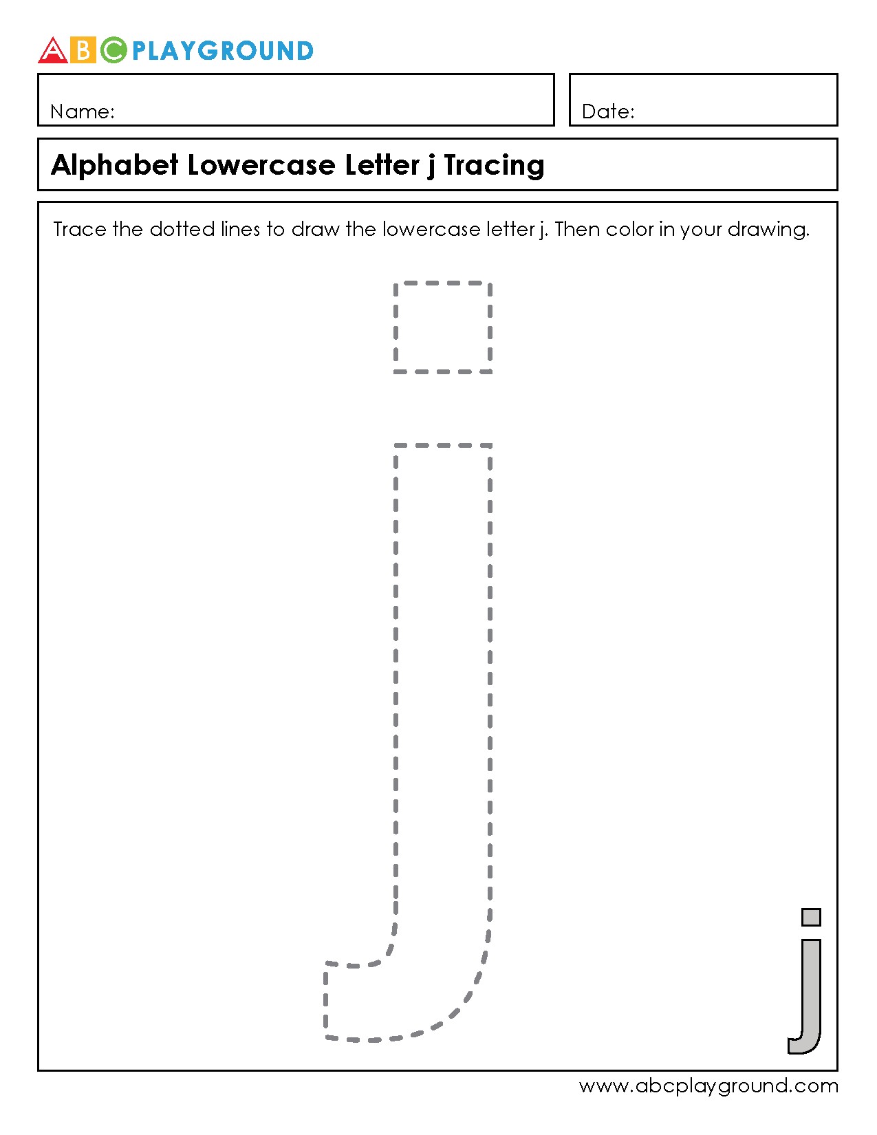 Lowercase Letter J Tracing and Coloring Worksheet
