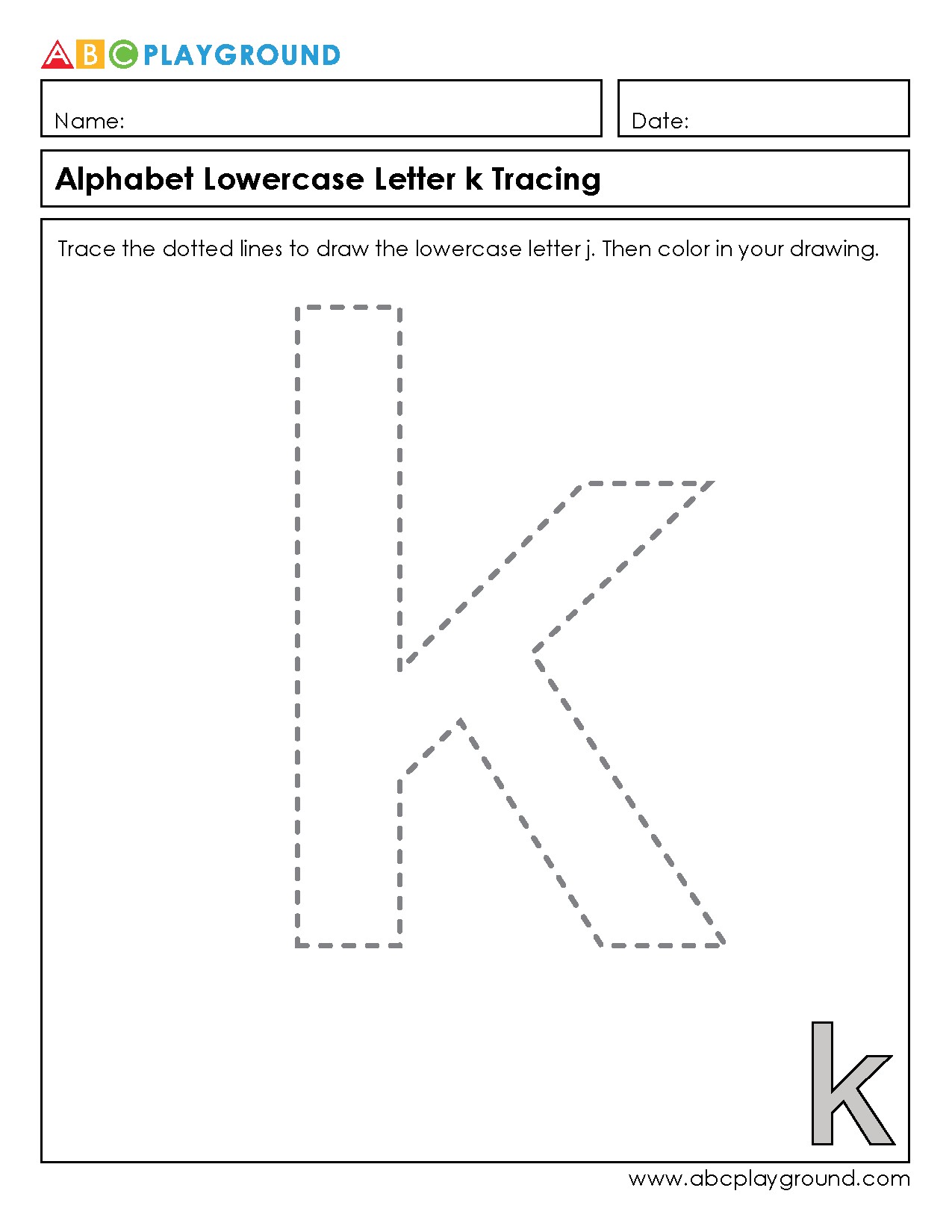 Lowercase Letter k Tracing Worksheet for Early Learners