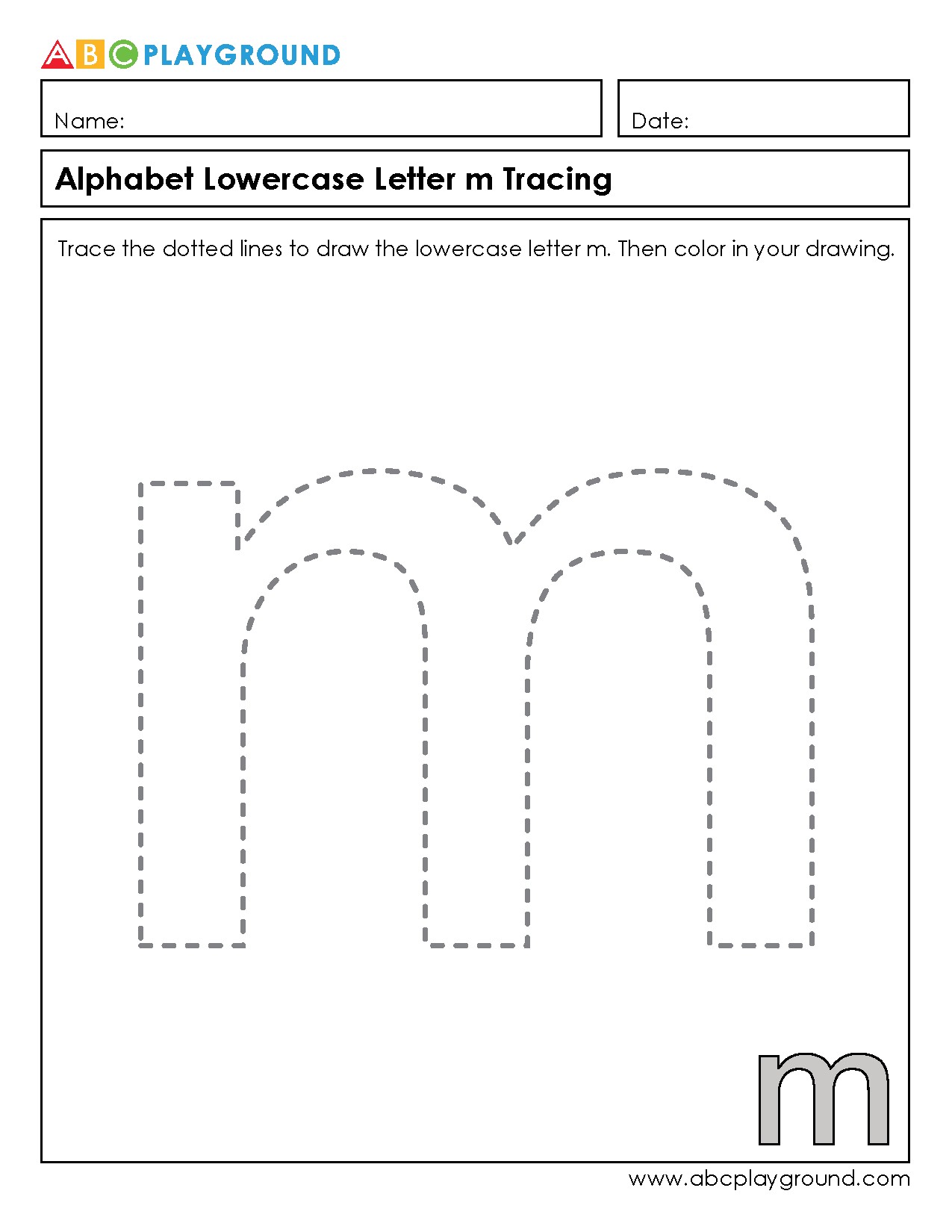 Lowercase Letter m Tracing and Coloring Worksheet