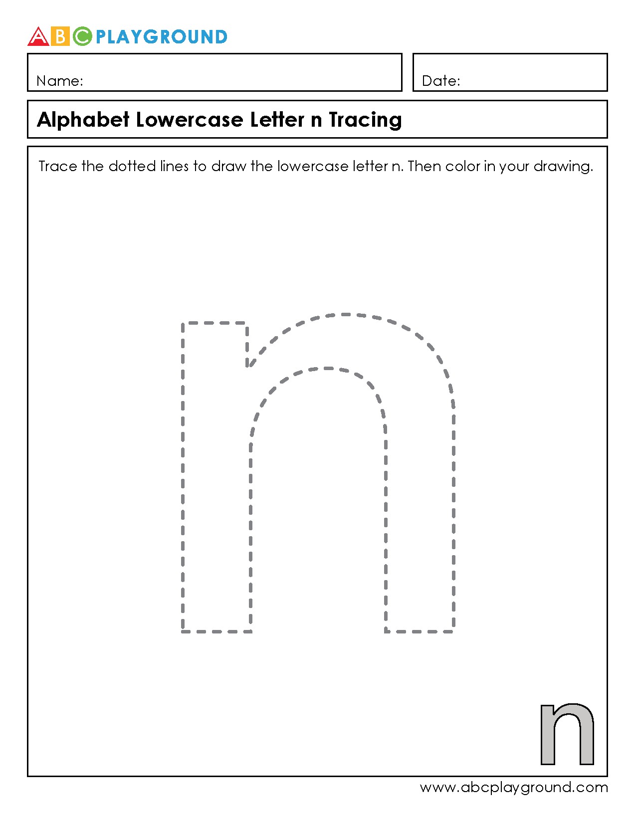 Alphabet Lowercase Letter n Tracing Worksheet
