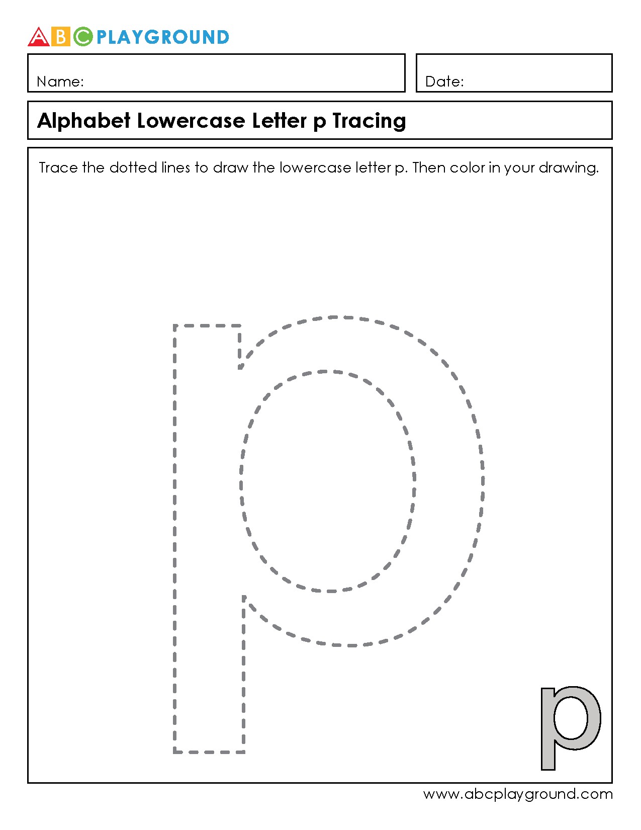 Lowercase Letter p Tracing and Coloring Worksheet