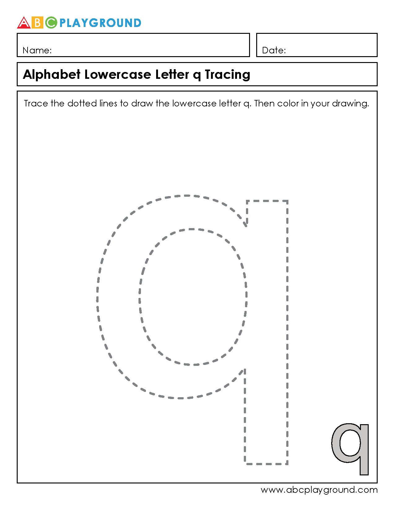 Alphabet Lowercase Letter q Tracing and Coloring Worksheet