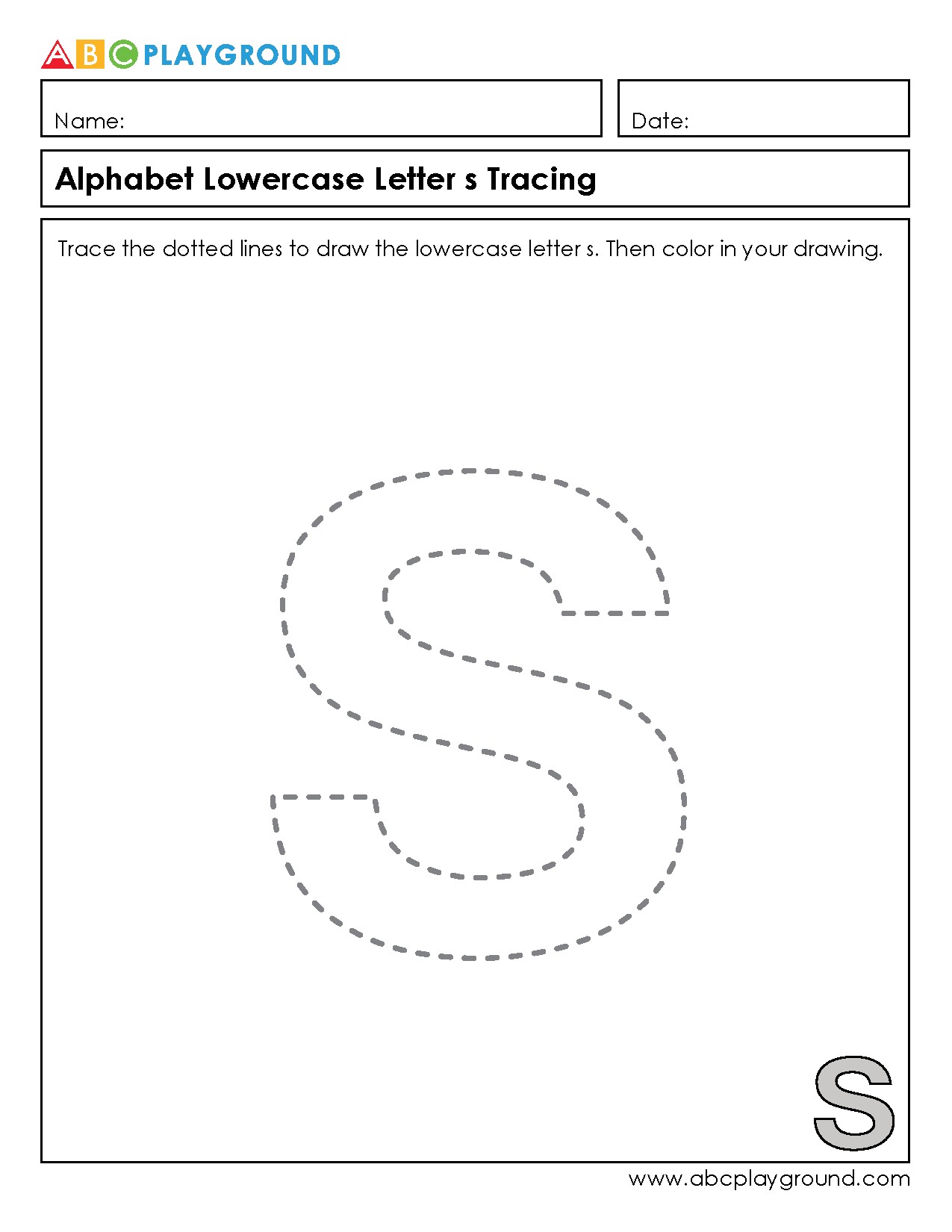 Lowercase Letter S Tracing and Coloring Worksheet
