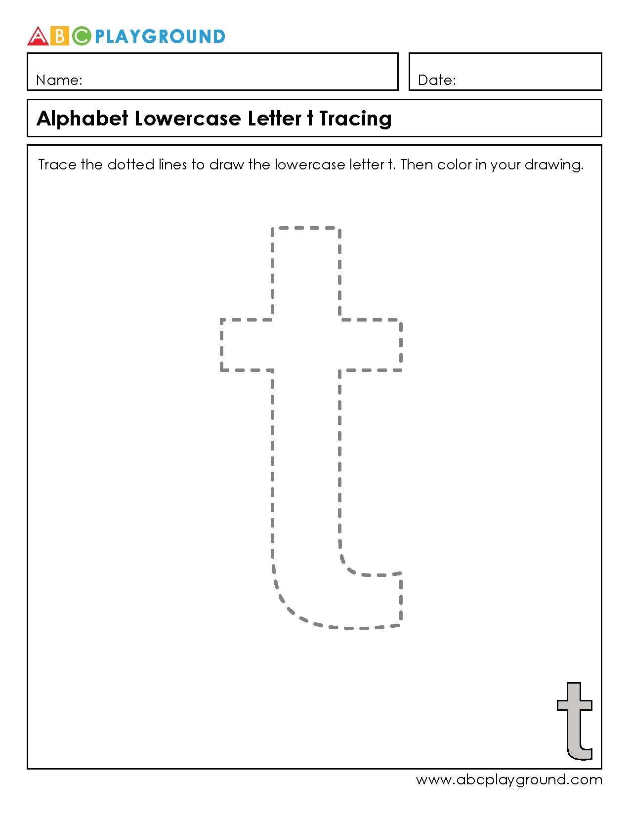 Lowercase Letter t Tracing and Coloring Worksheet