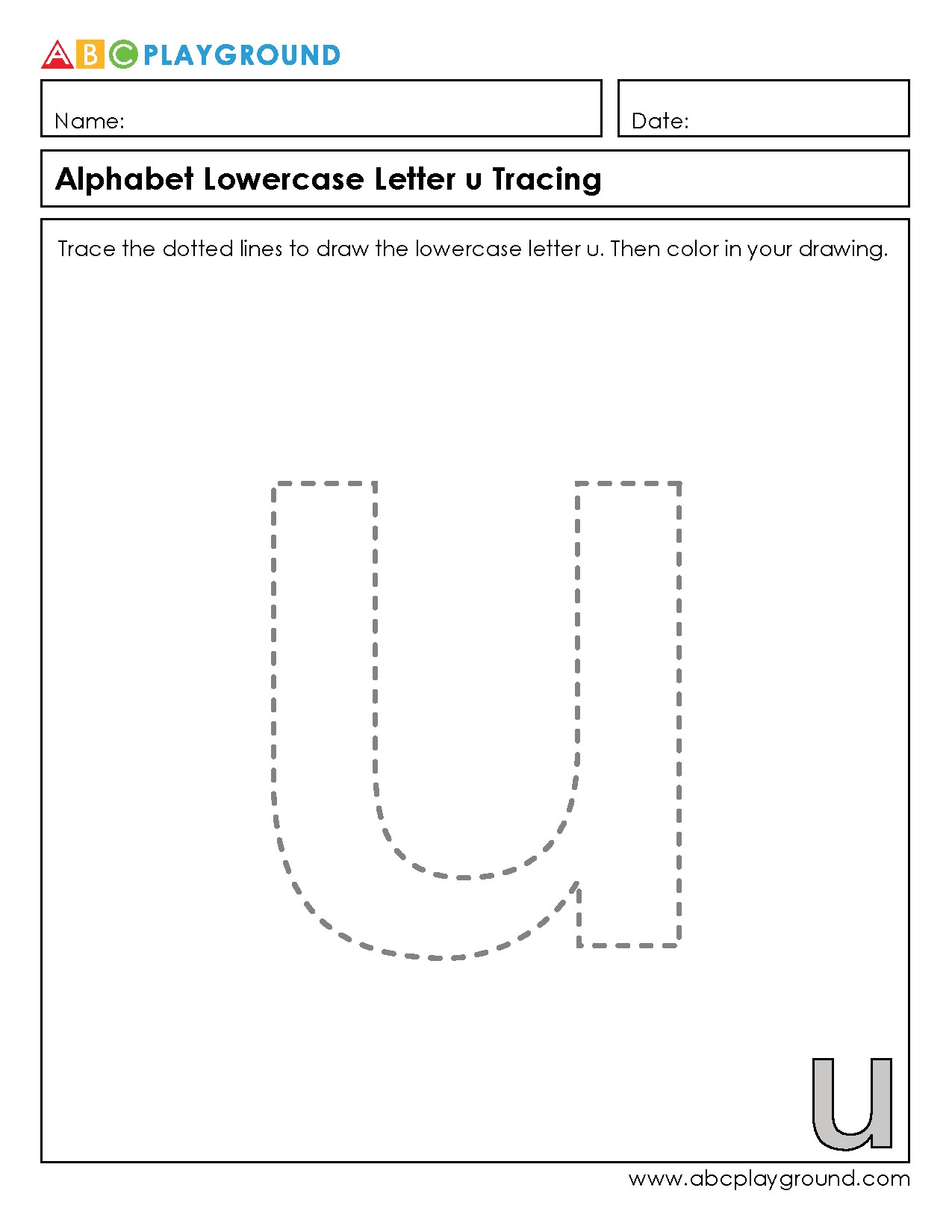 Alphabet Lowercase Letter U Tracing and Coloring Worksheet