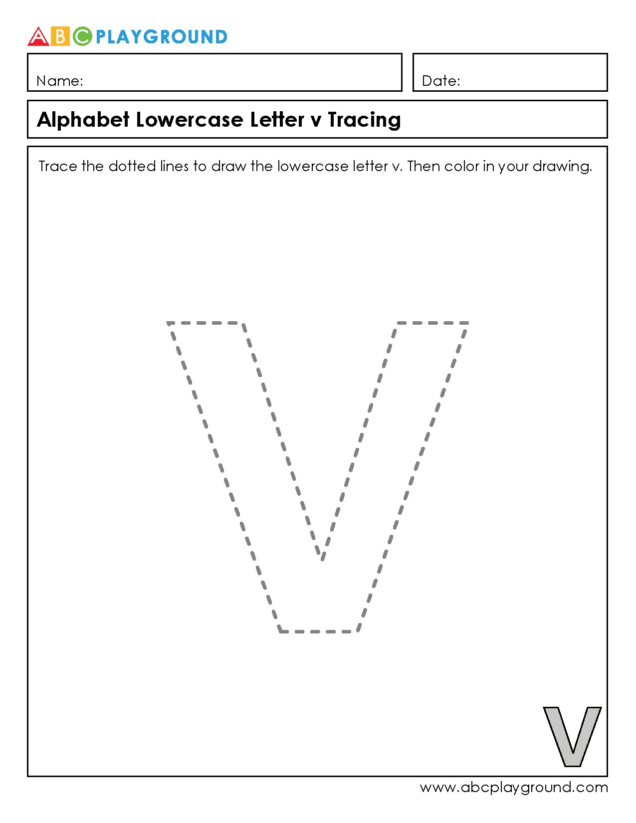 Lowercase Letter V Tracing and Coloring Activity