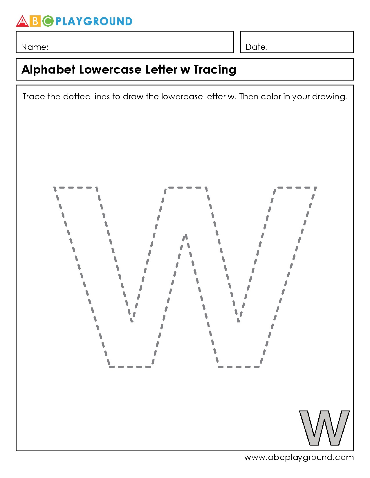Lowercase Letter W Tracing and Coloring Worksheet