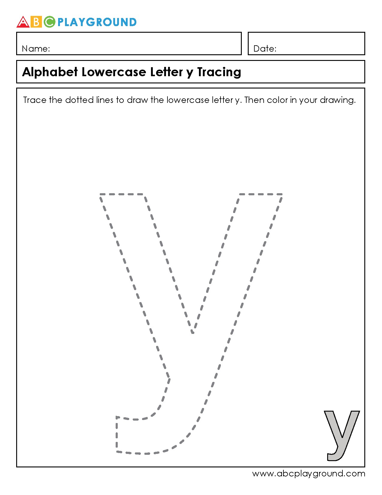 Lowercase Letter Y Tracing and Coloring Worksheet
