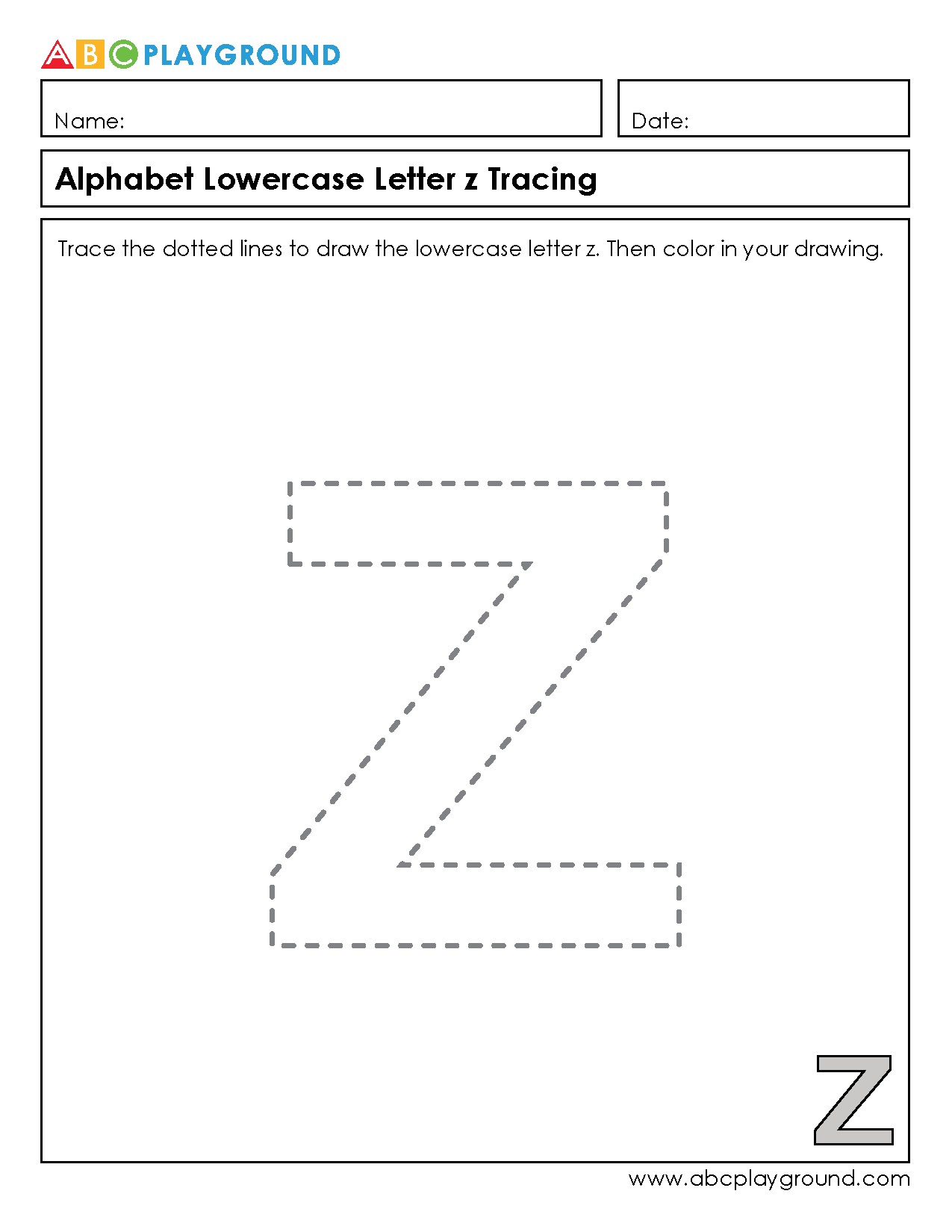 Lowercase Letter Z Tracing and Coloring Worksheet