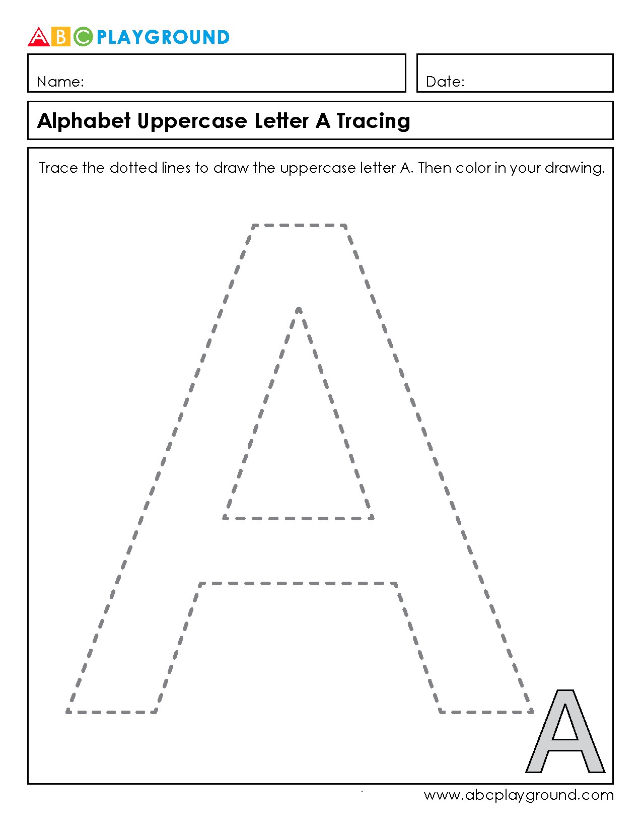 Alphabet Uppercase Letter A Tracing and Coloring Worksheet