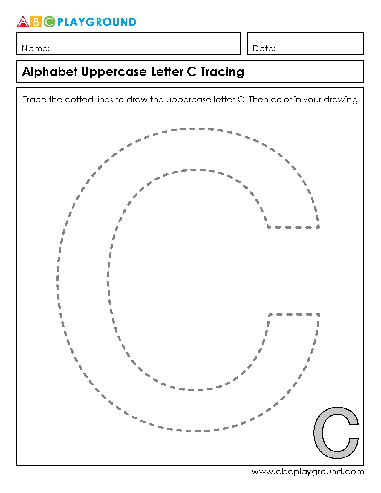 Uppercase Letter C Tracing and Coloring Worksheet