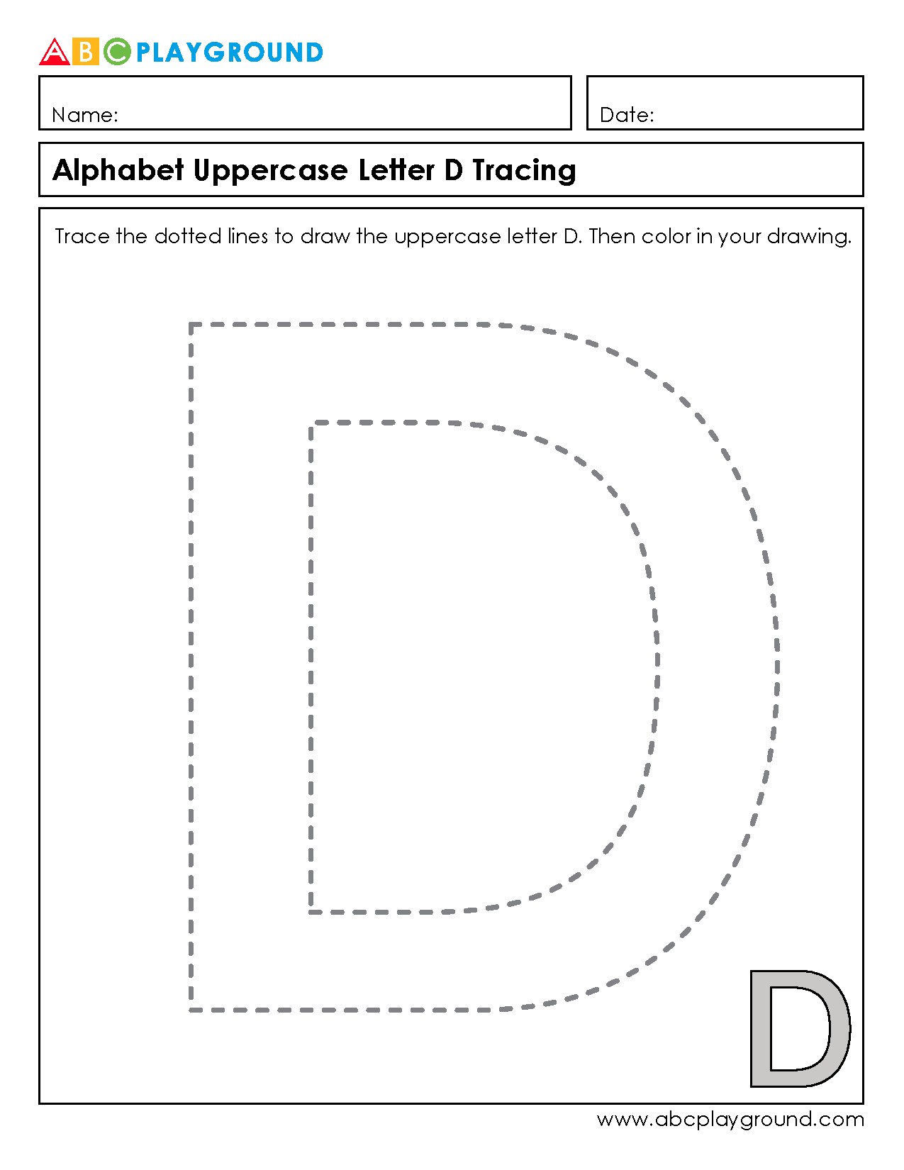 Uppercase Letter D Tracing and Coloring Worksheet