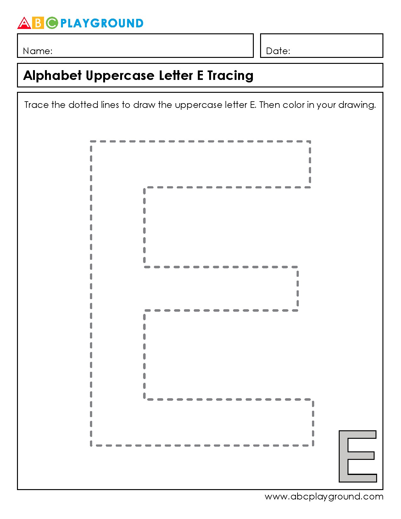 Uppercase Letter E Tracing and Coloring Worksheet