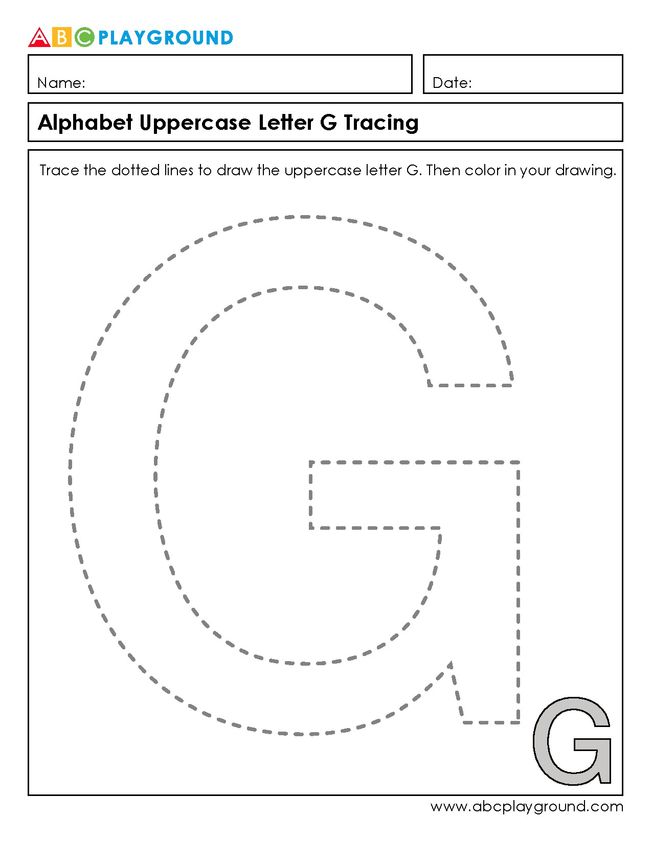 Uppercase Letter G Tracing and Coloring Worksheet