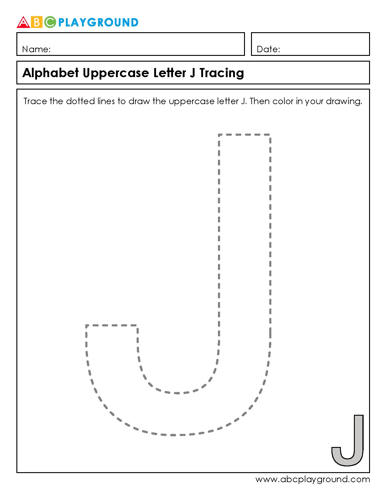 Uppercase Letter J Tracing and Coloring Worksheet